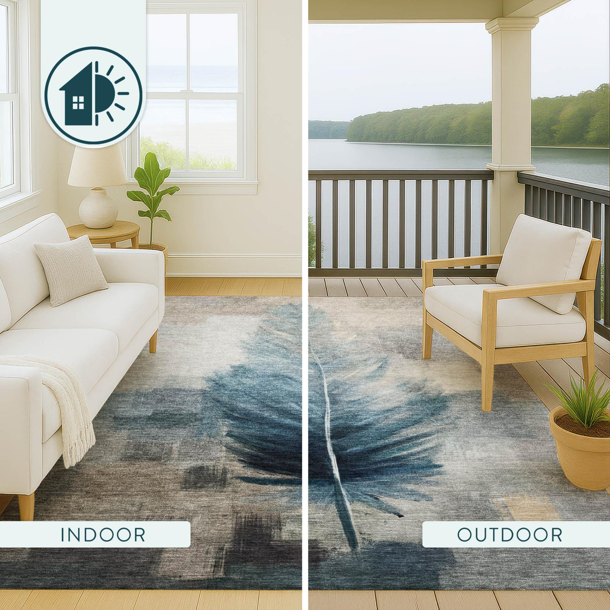5' X 8' Teal Blue And Pewter Botanical Leaves Washable Indoor Outdoor Area Rug Homeroots Outdoor