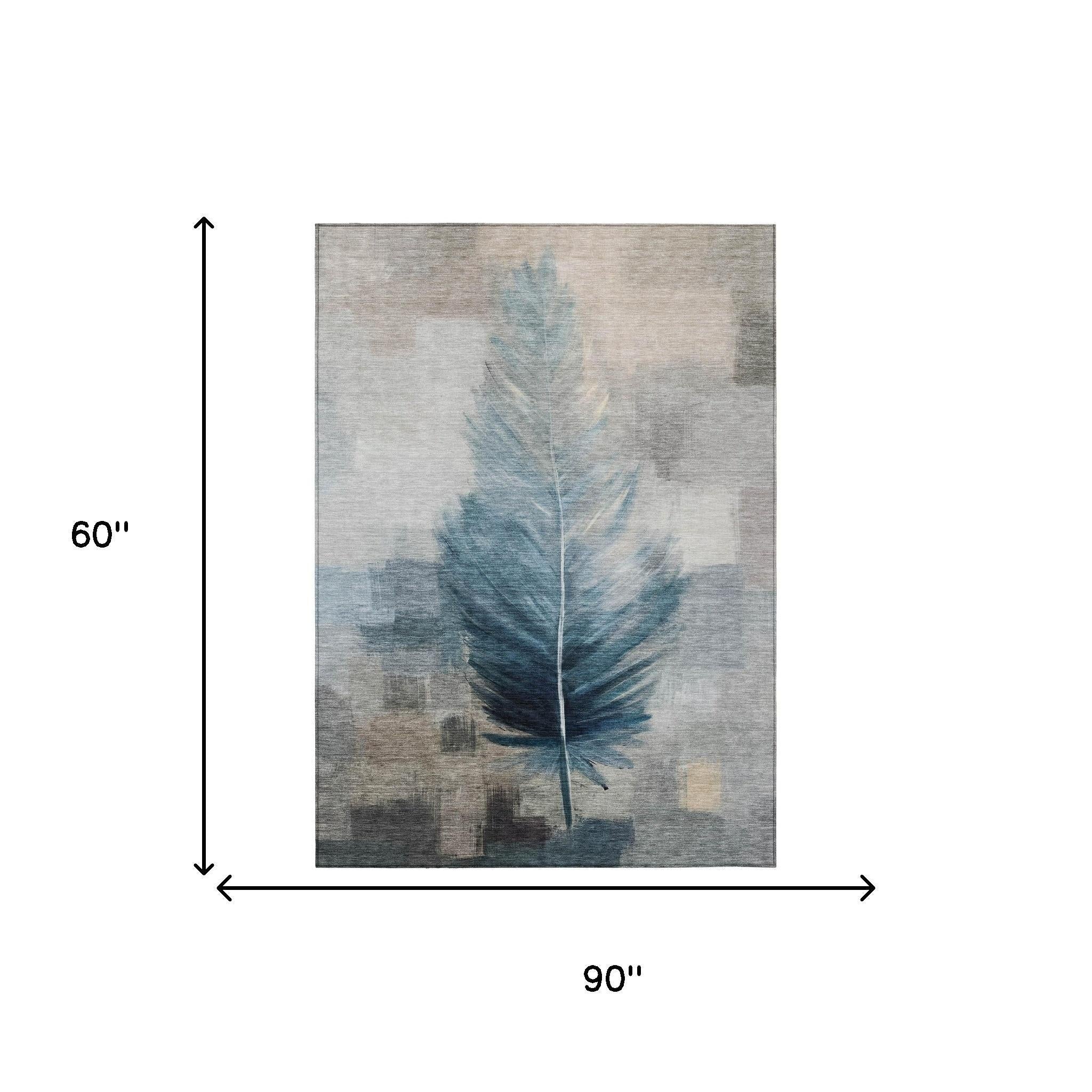 5' X 8' Teal Blue And Pewter Botanical Leaves Washable Indoor Outdoor Area Rug Homeroots Outdoor