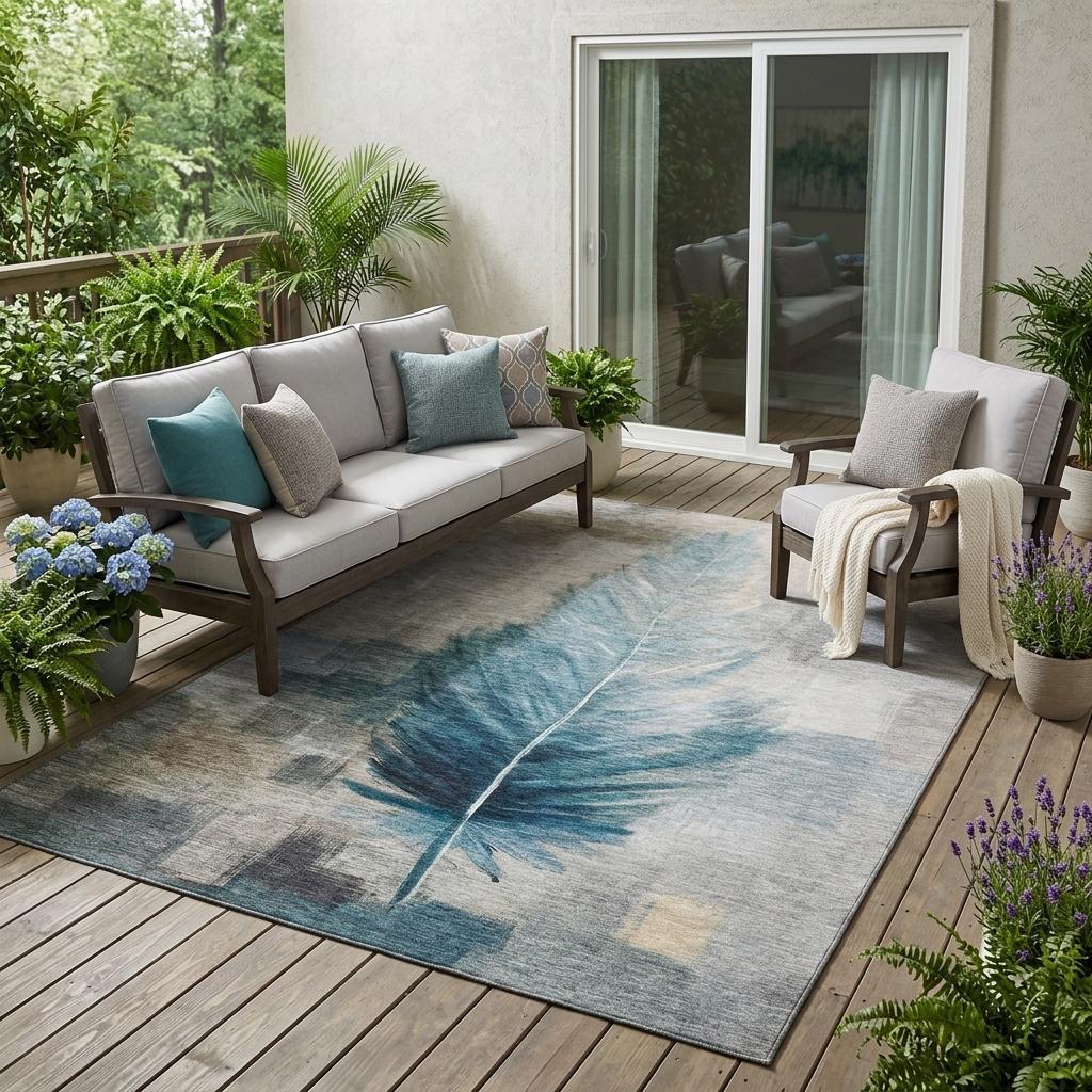 5' X 8' Teal Blue And Pewter Botanical Leaves Washable Indoor Outdoor Area Rug Homeroots Outdoor