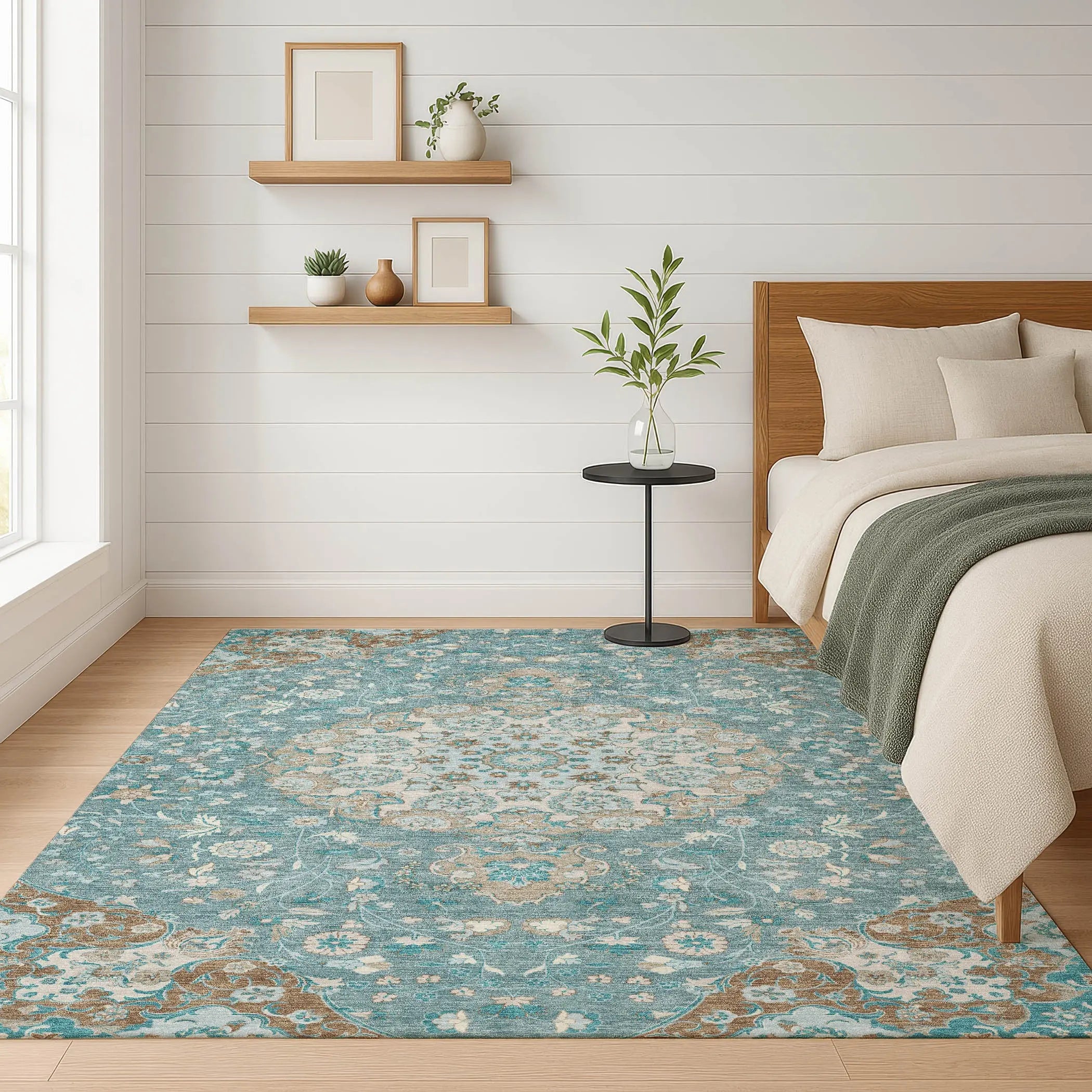5' X 8' Teal Blue And Pewter Damask Washable Indoor Outdoor Area Rug Homeroots Outdoor
