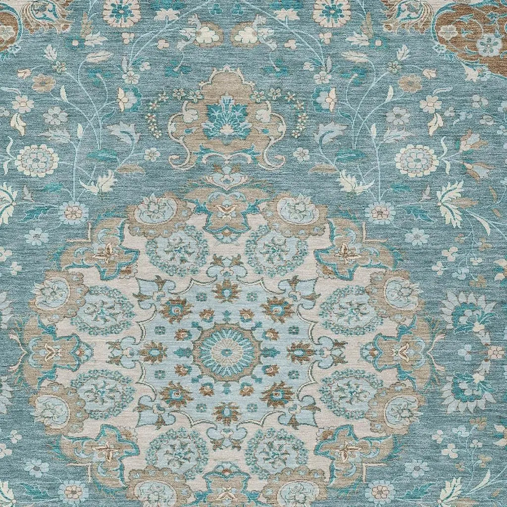 5' X 8' Teal Blue And Pewter Damask Washable Indoor Outdoor Area Rug Homeroots Outdoor