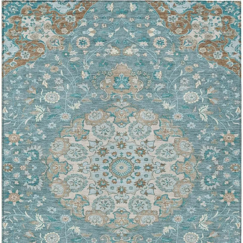 5' X 8' Teal Blue And Pewter Damask Washable Indoor Outdoor Area Rug Homeroots Outdoor