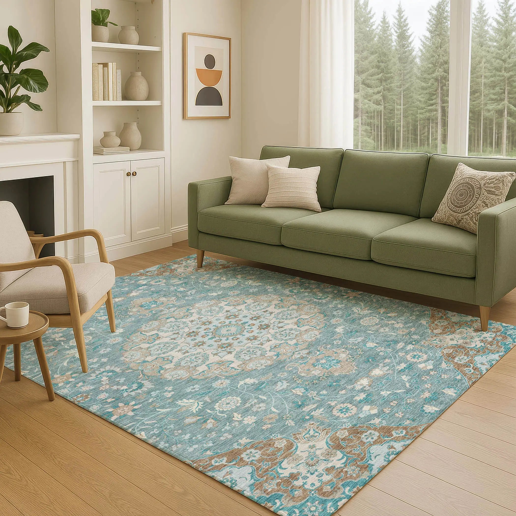 5' X 8' Teal Blue And Pewter Damask Washable Indoor Outdoor Area Rug Homeroots Outdoor