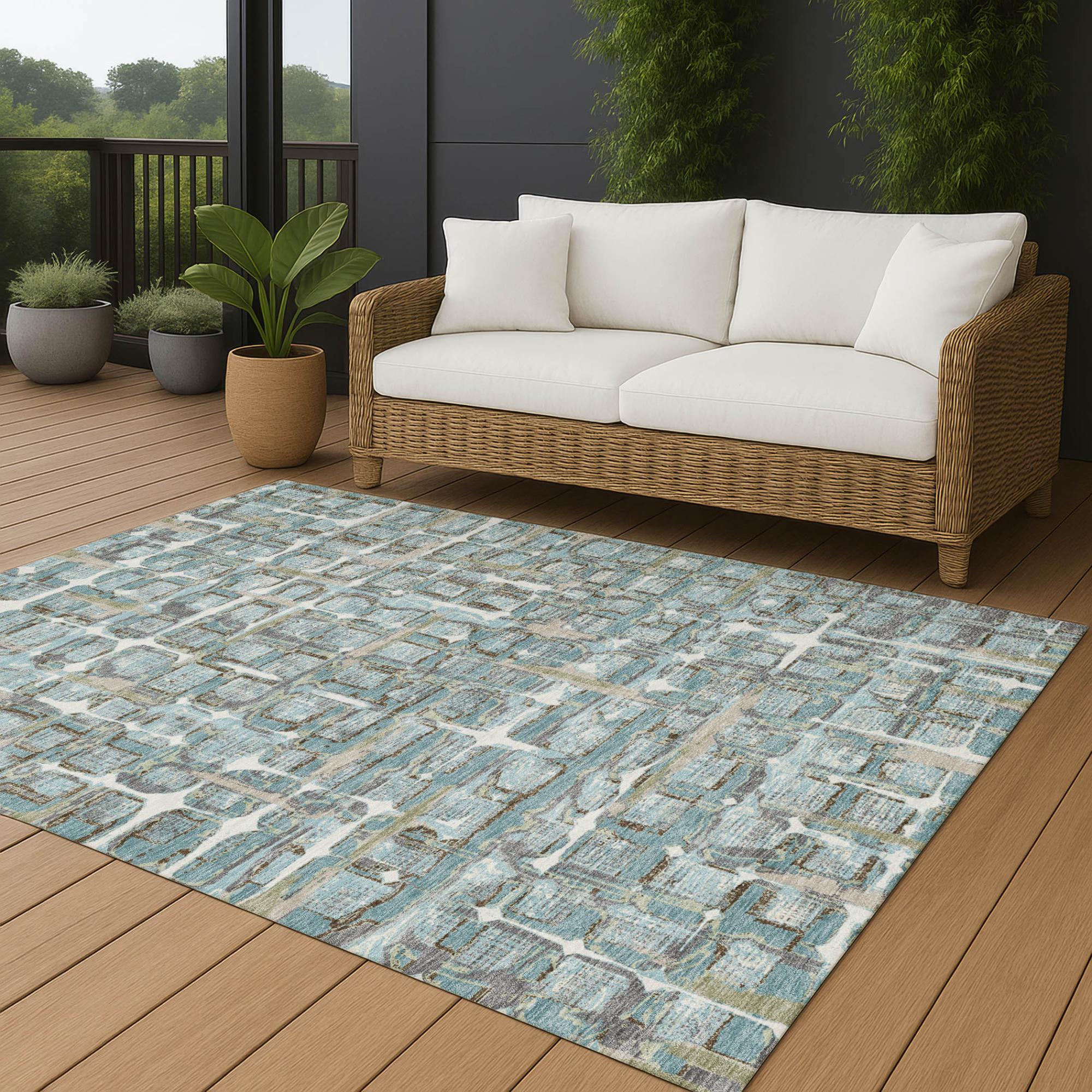 5' X 8' Teal Blue And Pewter Geometric Washable Indoor Outdoor Area Rug Homeroots Outdoor