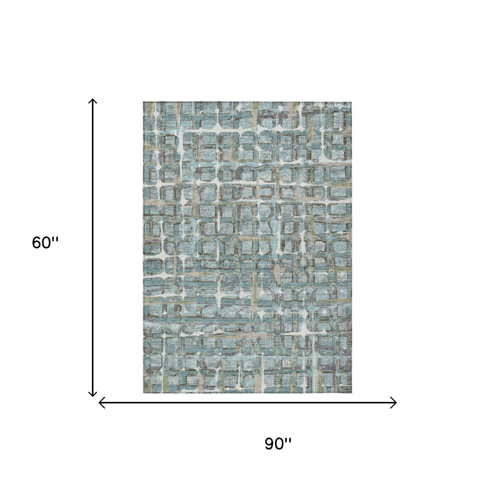 5' X 8' Teal Blue And Pewter Geometric Washable Indoor Outdoor Area Rug Homeroots Outdoor