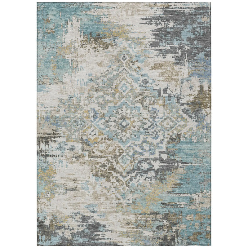 5' X 8' Teal Blue And Pewter Medallion Washable Indoor Outdoor Area Rug Homeroots Outdoor