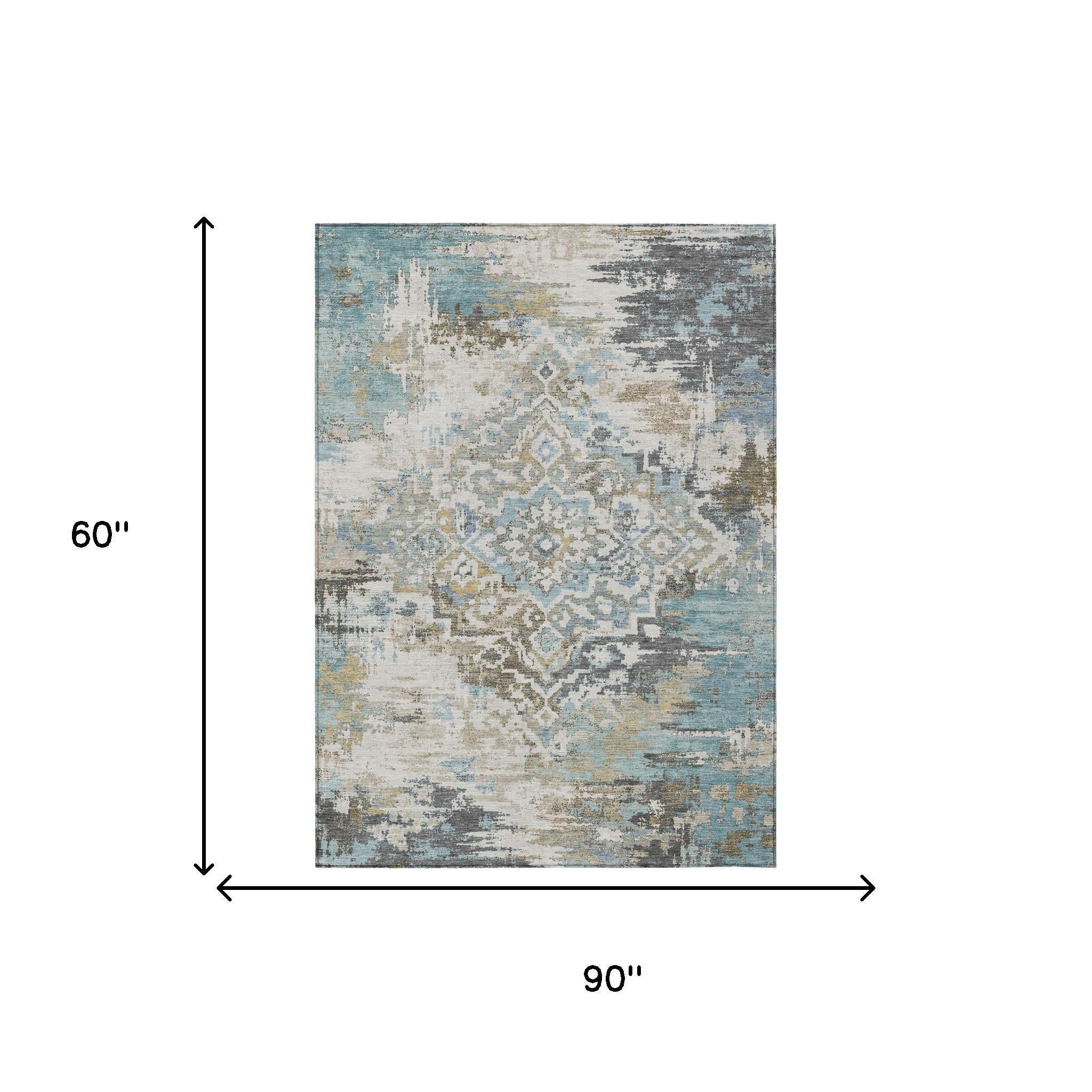 5' X 8' Teal Blue And Pewter Medallion Washable Indoor Outdoor Area Rug Homeroots Outdoor
