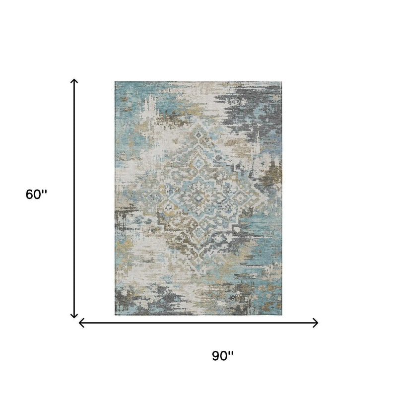 5' X 8' Teal Blue And Pewter Medallion Washable Indoor Outdoor Area Rug Homeroots Outdoor