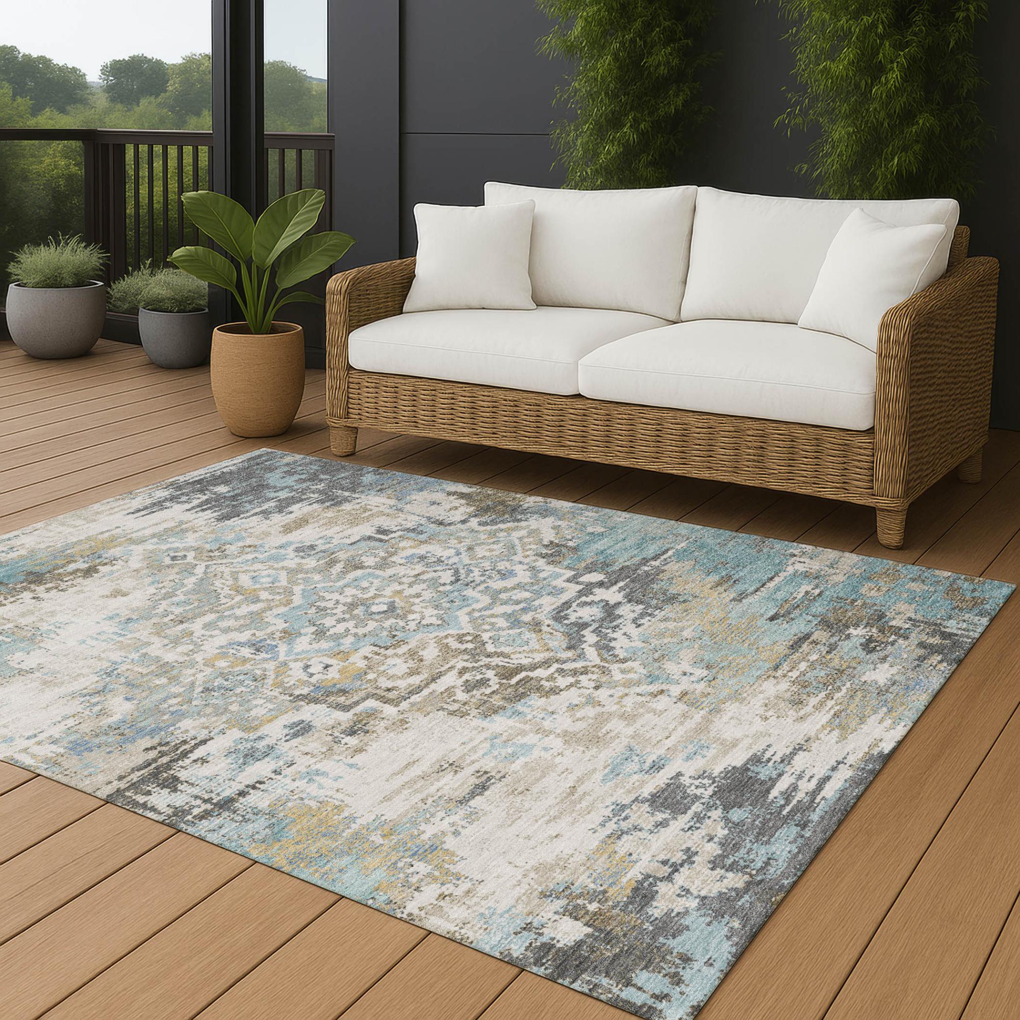 5' X 8' Teal Blue And Pewter Medallion Washable Indoor Outdoor Area Rug Homeroots Outdoor