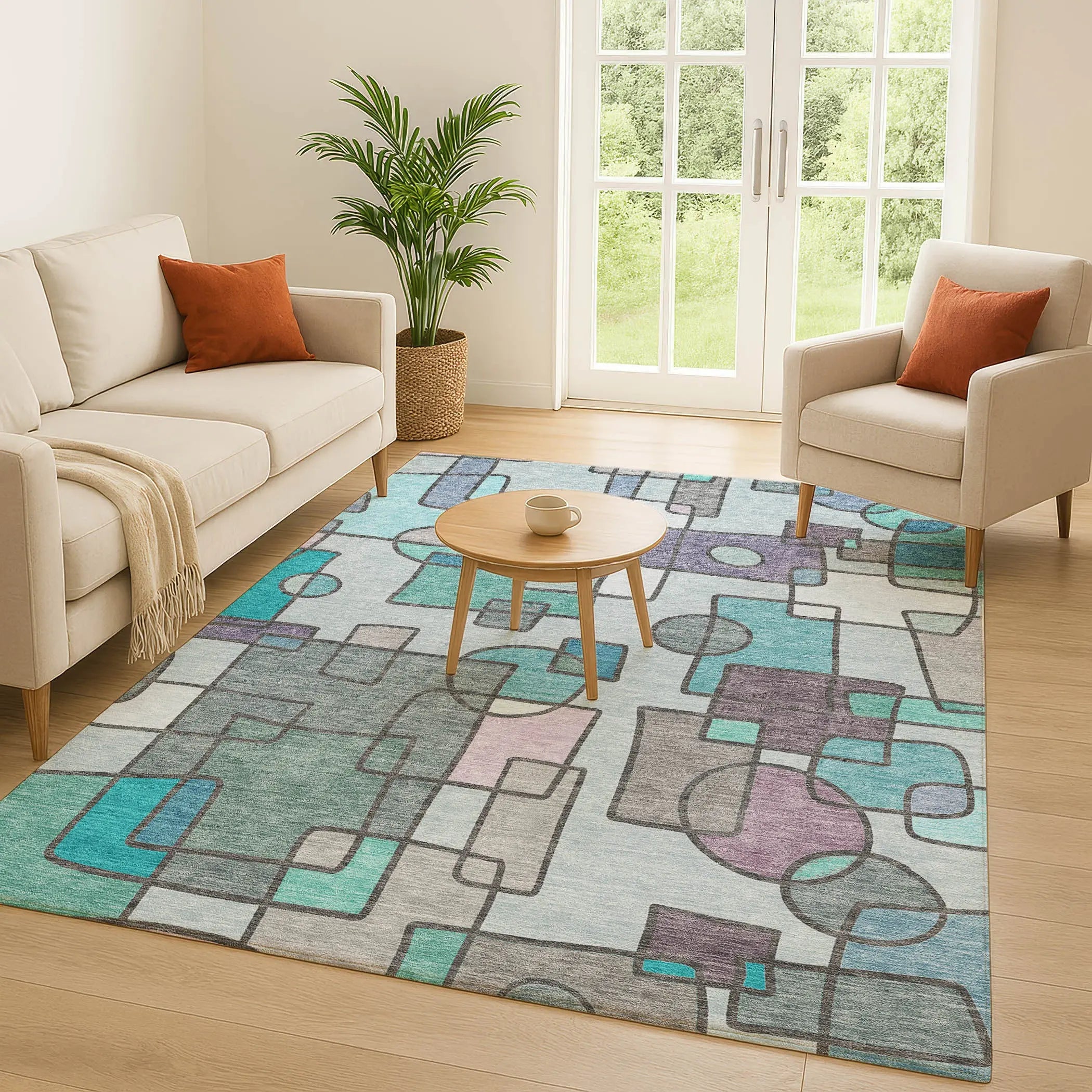 5' X 8' Teal Blue And Plum Geometric Washable Indoor Outdoor Area Rug Homeroots Outdoor