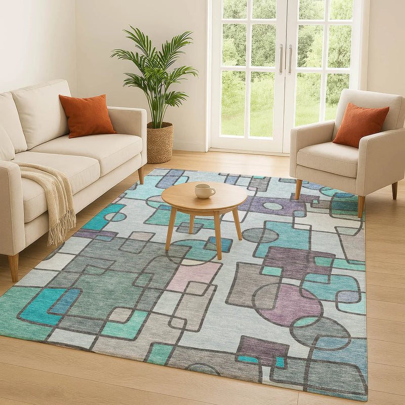 5' X 8' Teal Blue And Plum Geometric Washable Indoor Outdoor Area Rug Homeroots Outdoor