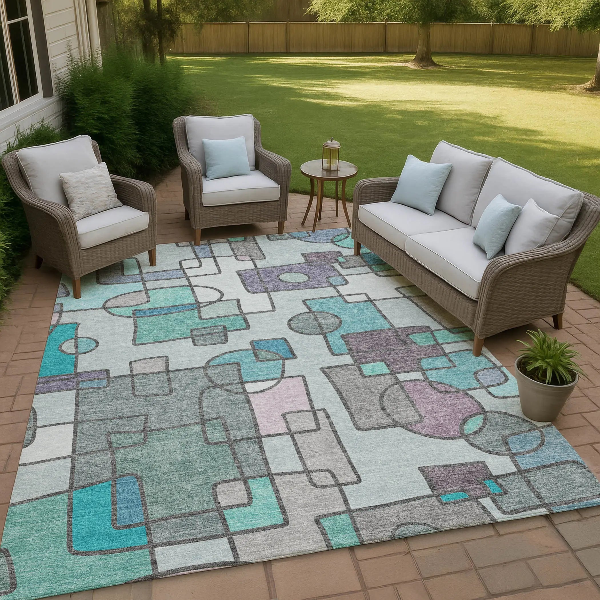 5' X 8' Teal Blue And Plum Geometric Washable Indoor Outdoor Area Rug Homeroots Outdoor