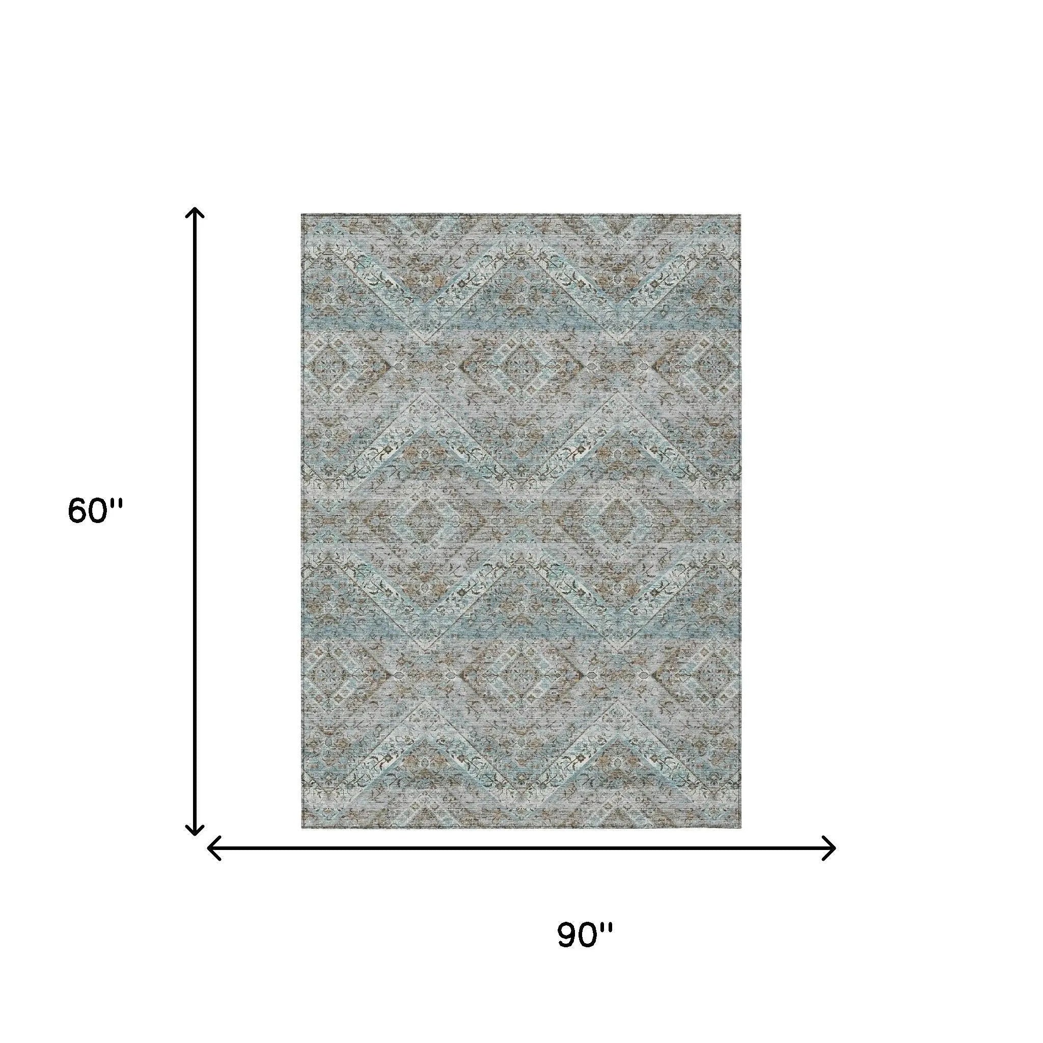 5' X 8' Teal Blue And Purple Tribal Washable Indoor Outdoor Area Rug Homeroots Outdoor