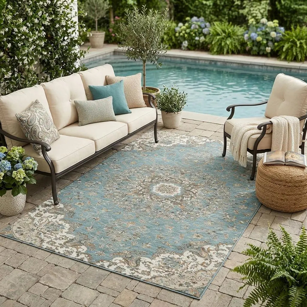 5' X 8' Teal Blue And Sage Floral Medallion Washable Indoor Outdoor Area Rug Homeroots Outdoor