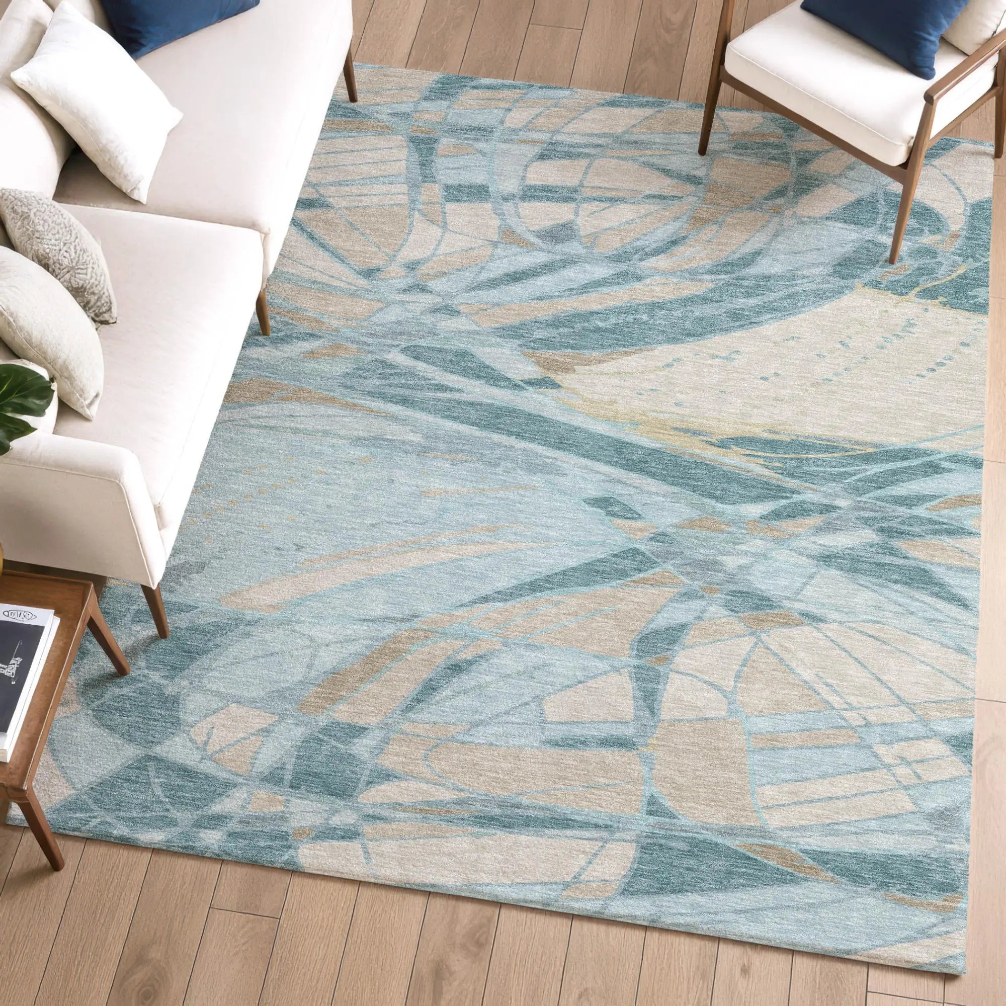 5' X 8' Teal Blue And Silver Abstract Washable Indoor Outdoor Area Rug Homeroots Outdoor