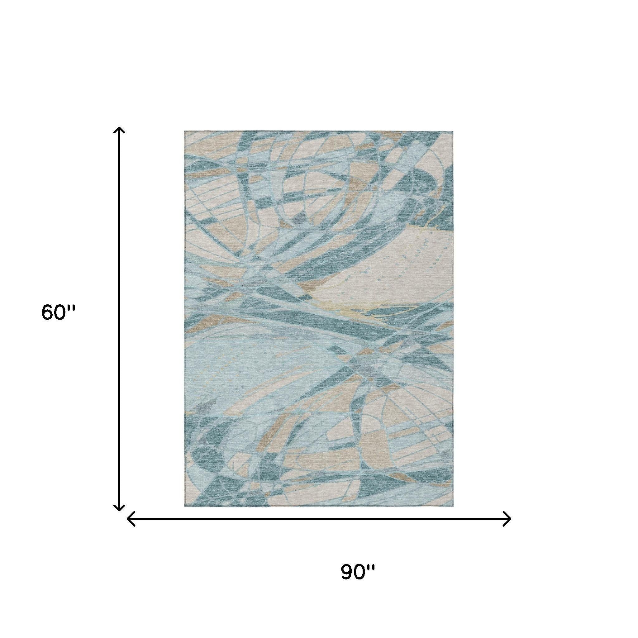 5' X 8' Teal Blue And Silver Abstract Washable Indoor Outdoor Area Rug Homeroots Outdoor