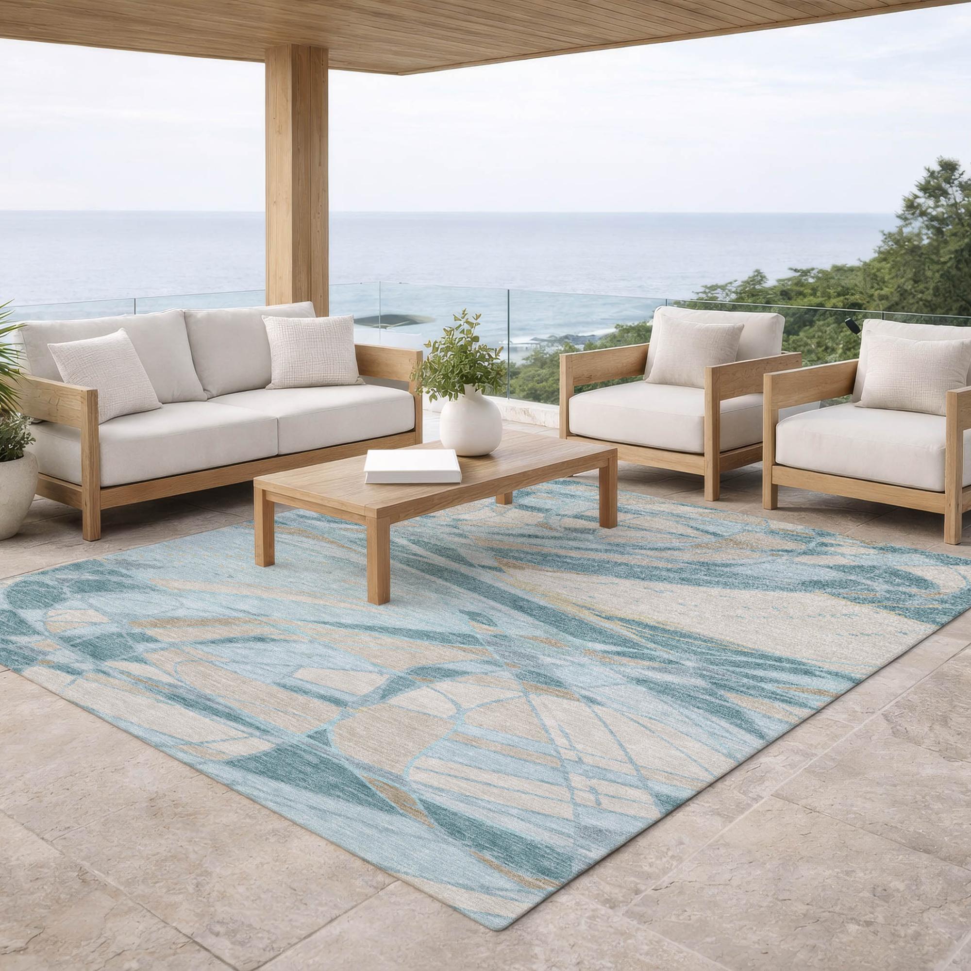 5' X 8' Teal Blue And Silver Abstract Washable Indoor Outdoor Area Rug Homeroots Outdoor