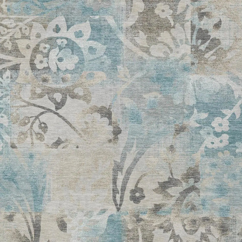 5' X 8' Teal Blue And Silver Botanical Leaves Washable Indoor Outdoor Area Rug Homeroots Outdoor