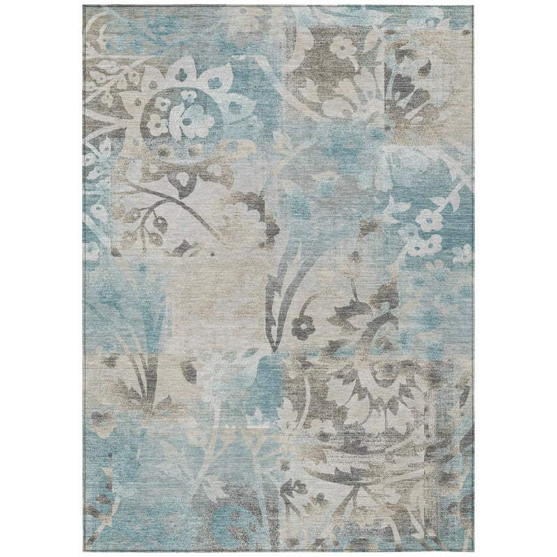 5' X 8' Teal Blue And Silver Botanical Leaves Washable Indoor Outdoor Area Rug Homeroots Outdoor