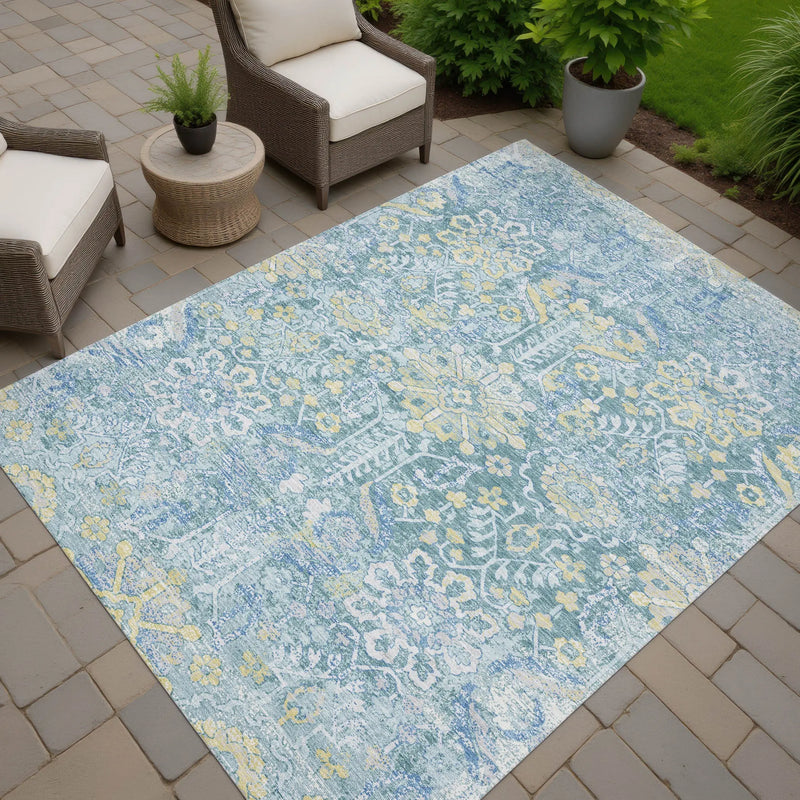 5' X 8' Teal Blue And Silver Damask Washable Indoor Outdoor Area Rug Homeroots Outdoor