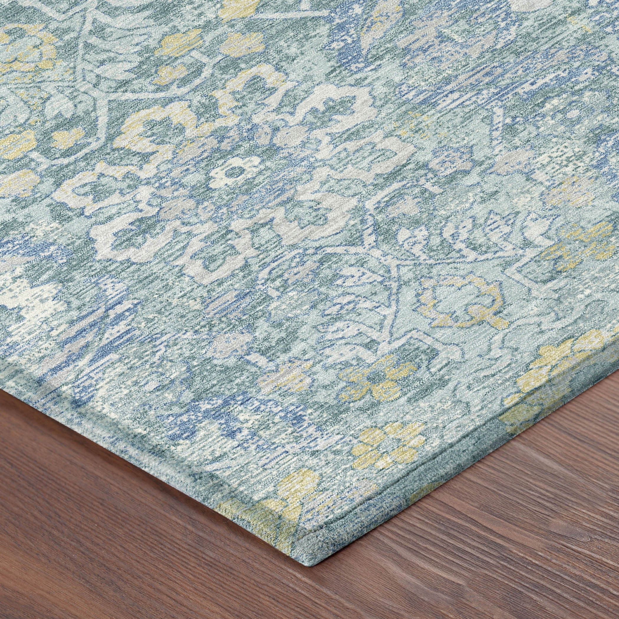 5' X 8' Teal Blue And Silver Damask Washable Indoor Outdoor Area Rug Homeroots Outdoor