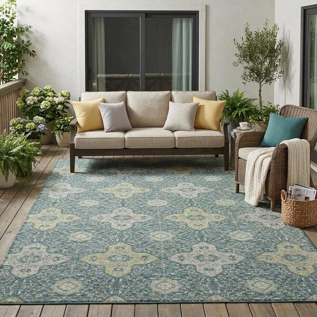 5' X 8' Teal Blue And Silver Damask Washable Indoor Outdoor Area Rug Homeroots Outdoor