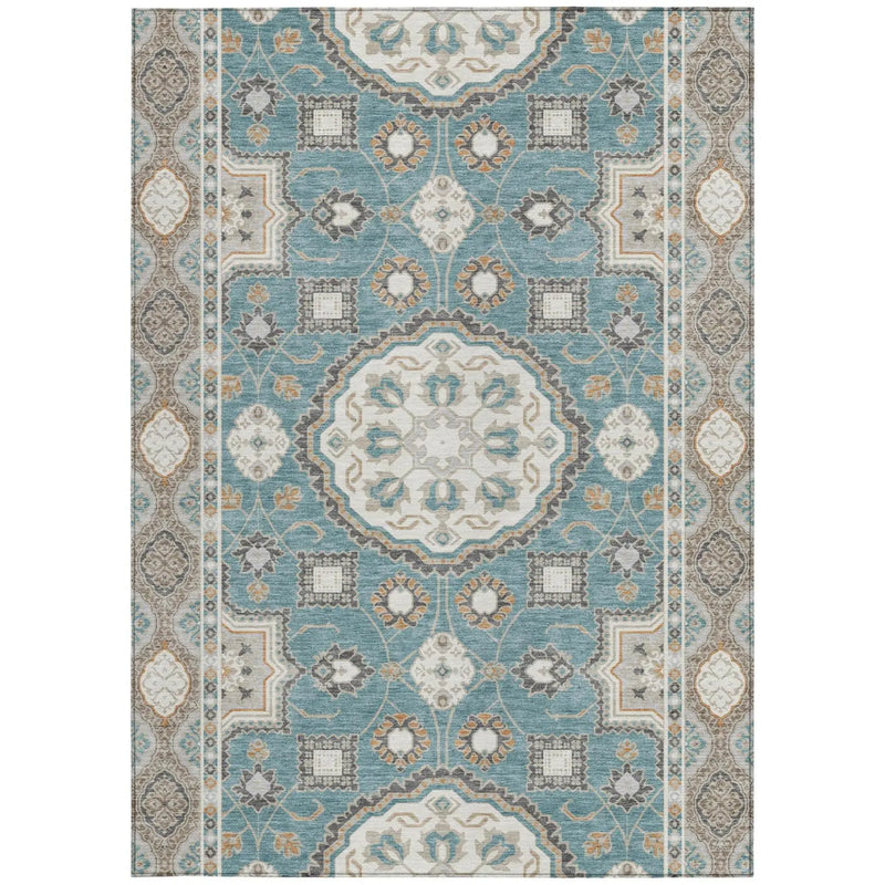 5' X 8' Teal Blue And Silver Floral Medallion Washable Indoor Outdoor Area Rug Homeroots Outdoor