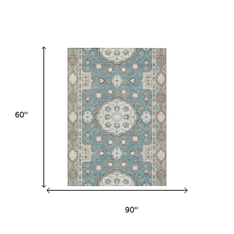 5' X 8' Teal Blue And Silver Floral Medallion Washable Indoor Outdoor Area Rug Homeroots Outdoor
