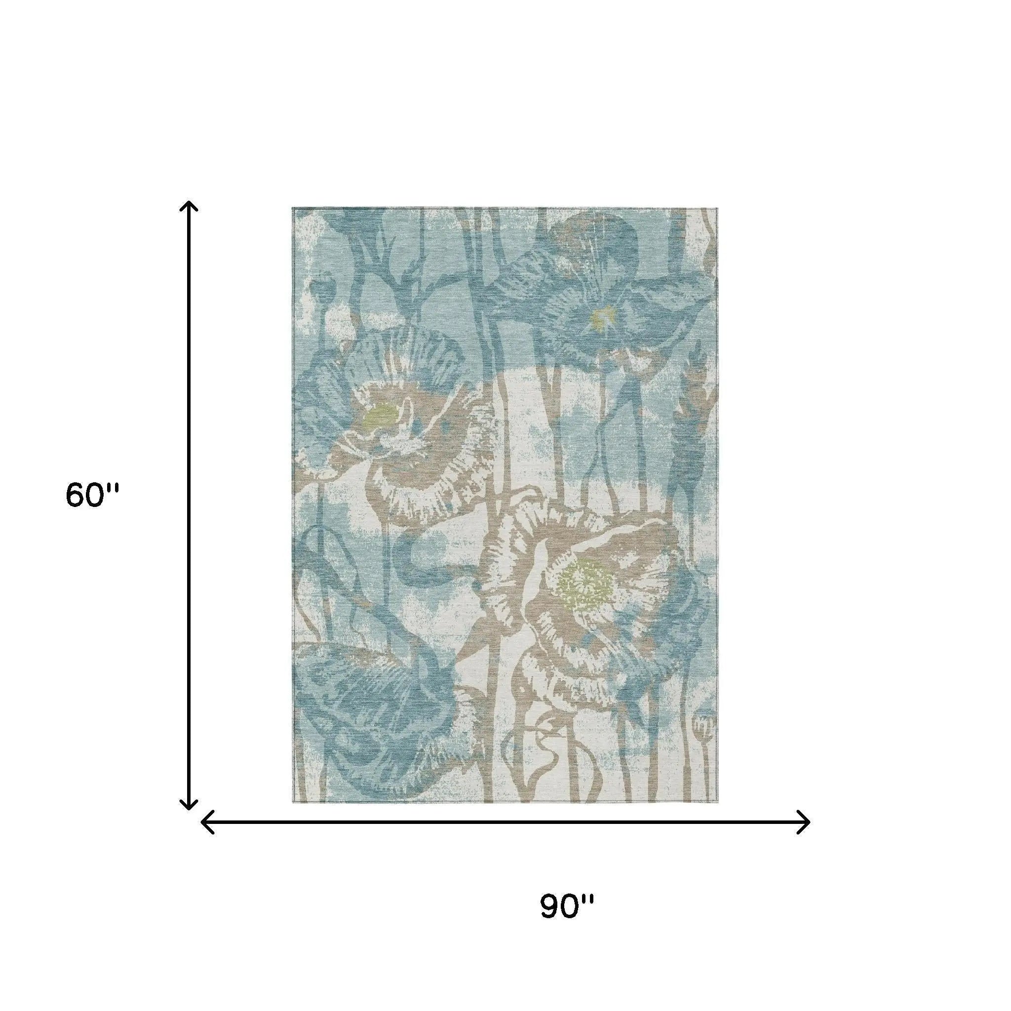 5' X 8' Teal Blue And Silver Floral Washable Indoor Outdoor Area Rug Homeroots Outdoor