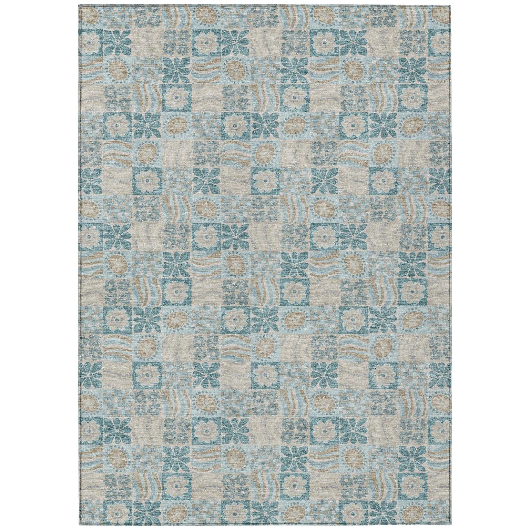 5' X 8' Teal Blue And Silver Floral Washable Indoor Outdoor Area Rug Homeroots Outdoor
