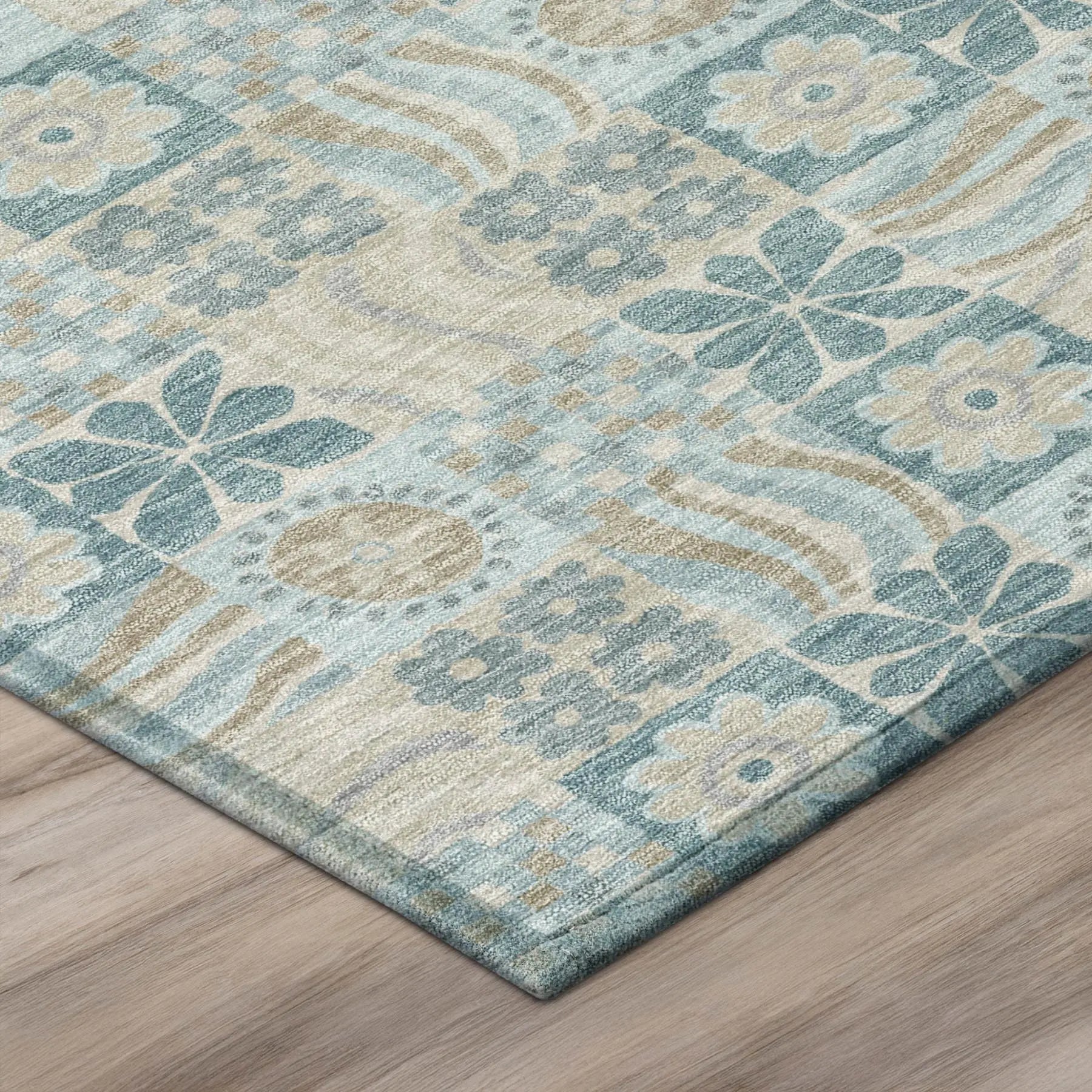 5' X 8' Teal Blue And Silver Floral Washable Indoor Outdoor Area Rug Homeroots Outdoor