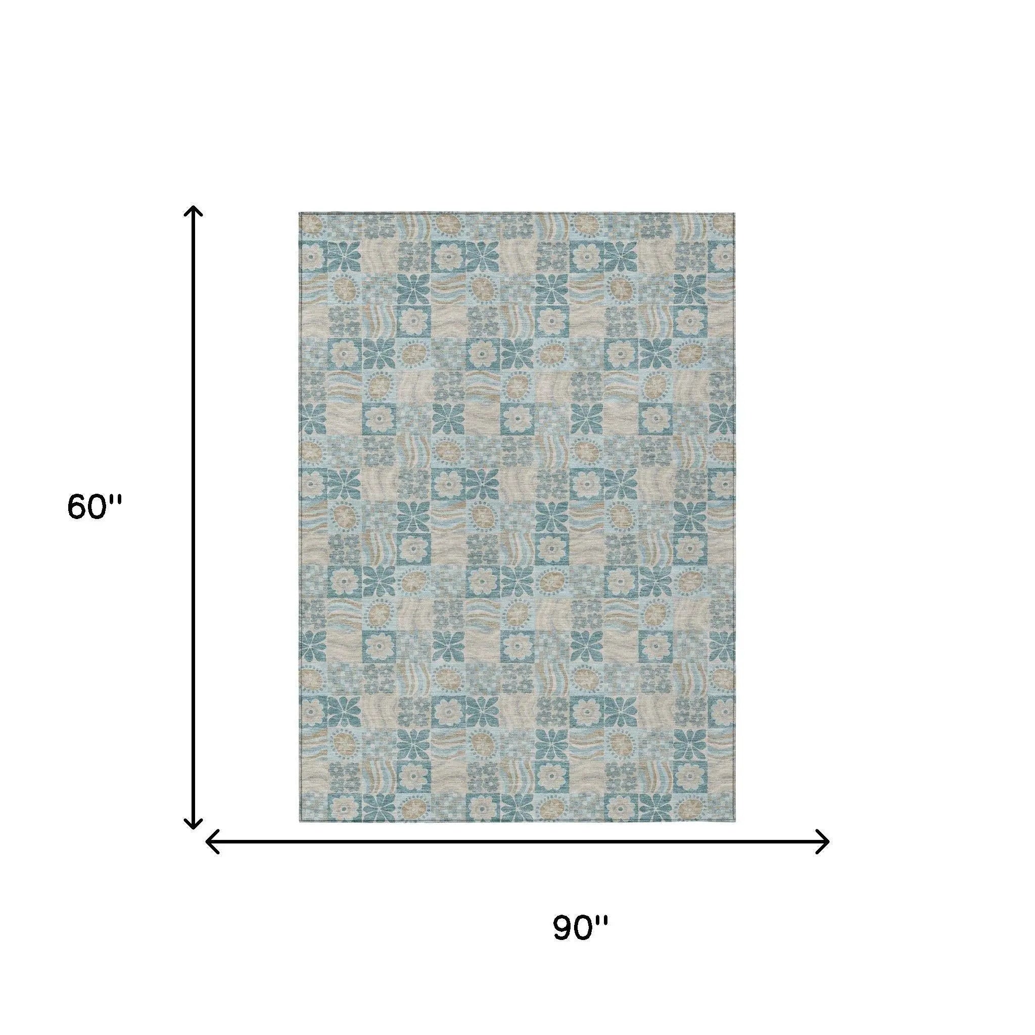 5' X 8' Teal Blue And Silver Floral Washable Indoor Outdoor Area Rug Homeroots Outdoor