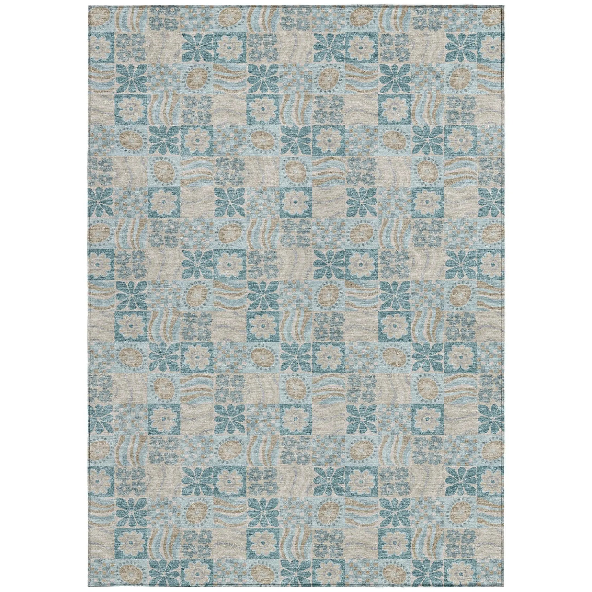 5' X 8' Teal Blue And Silver Floral Washable Indoor Outdoor Area Rug Homeroots Outdoor