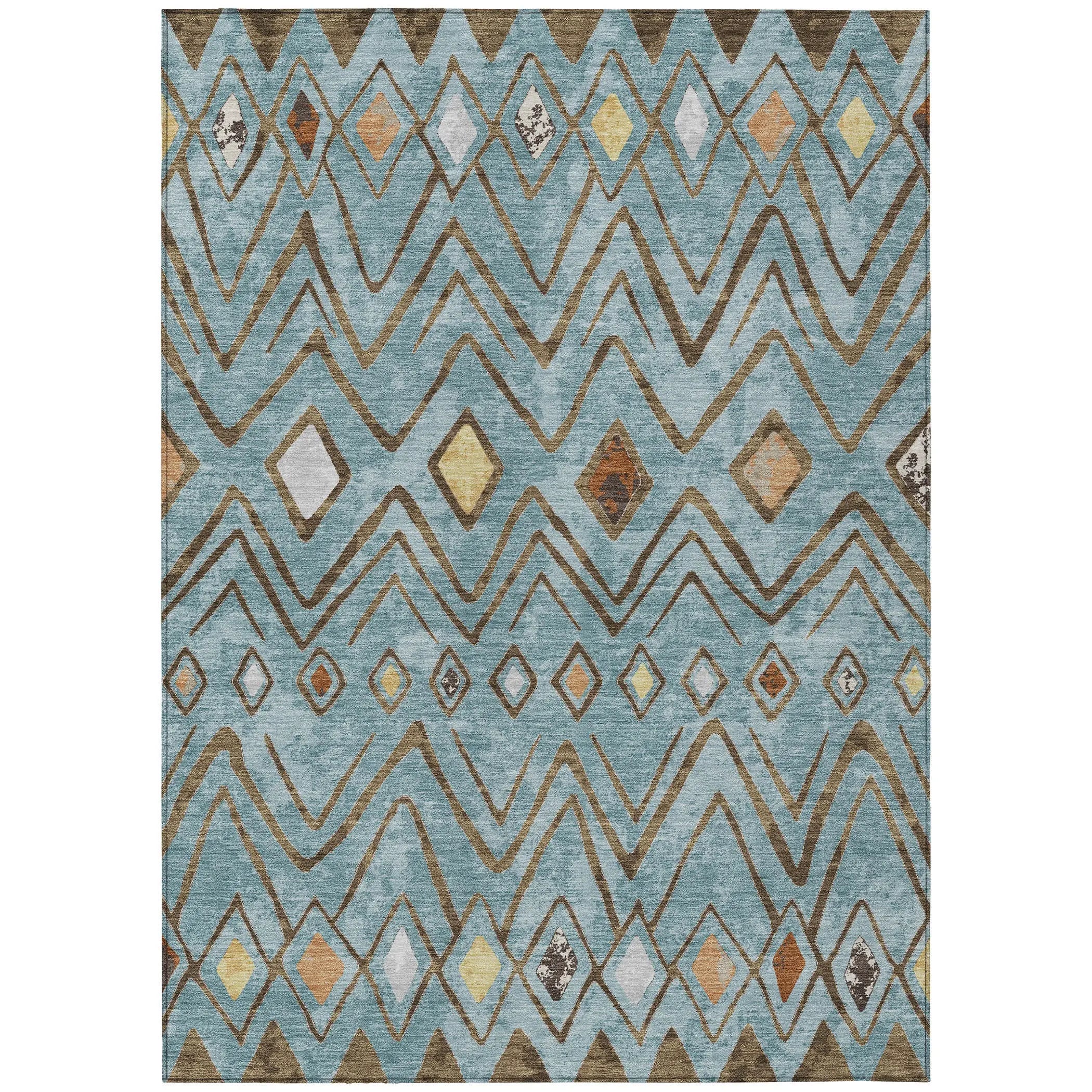 5' X 8' Teal Blue And Silver Geometric Washable Indoor Outdoor Area Rug Homeroots Outdoor