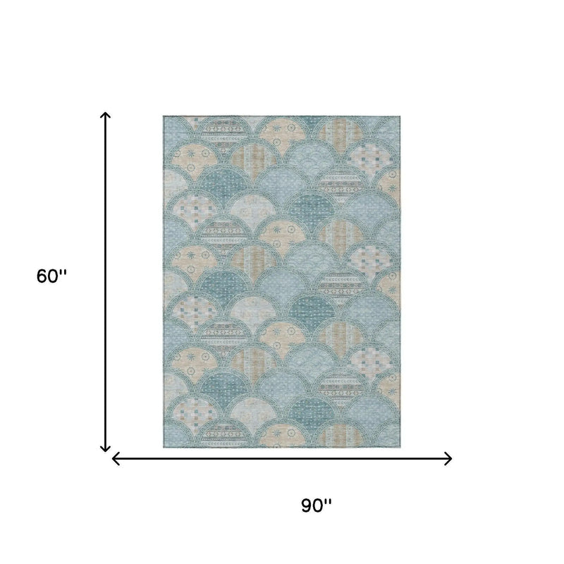5' X 8' Teal Blue And Silver Geometric Washable Indoor Outdoor Area Rug Homeroots Outdoor