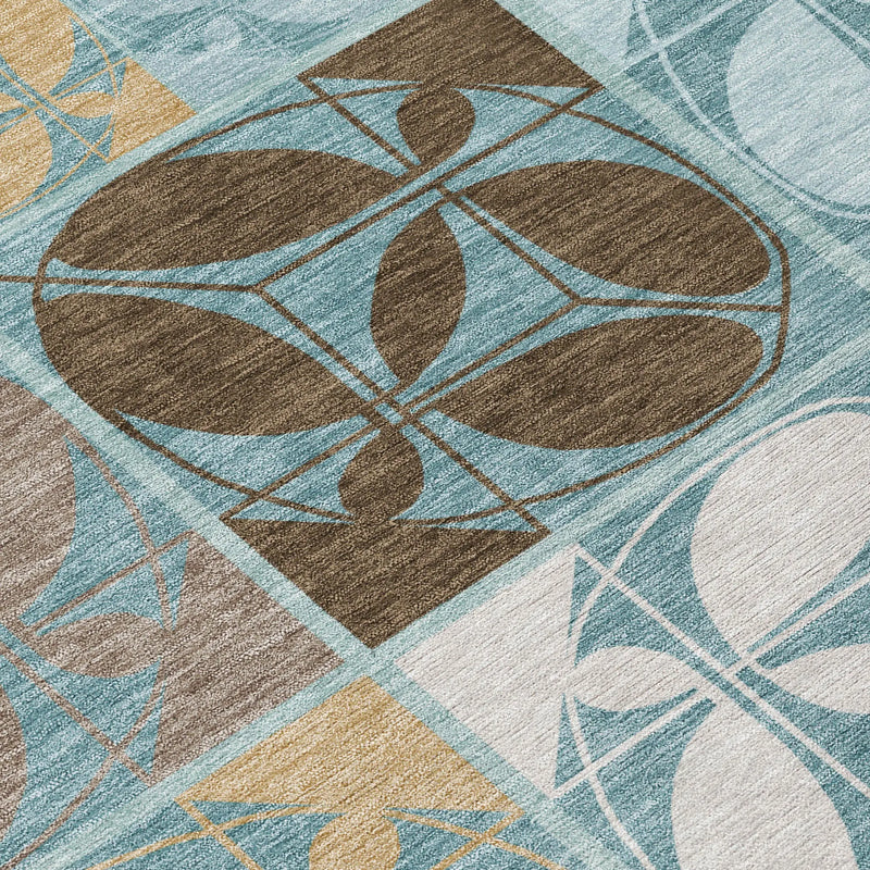 5' X 8' Teal Blue And Silver Geometric Washable Indoor Outdoor Area Rug Homeroots Outdoor