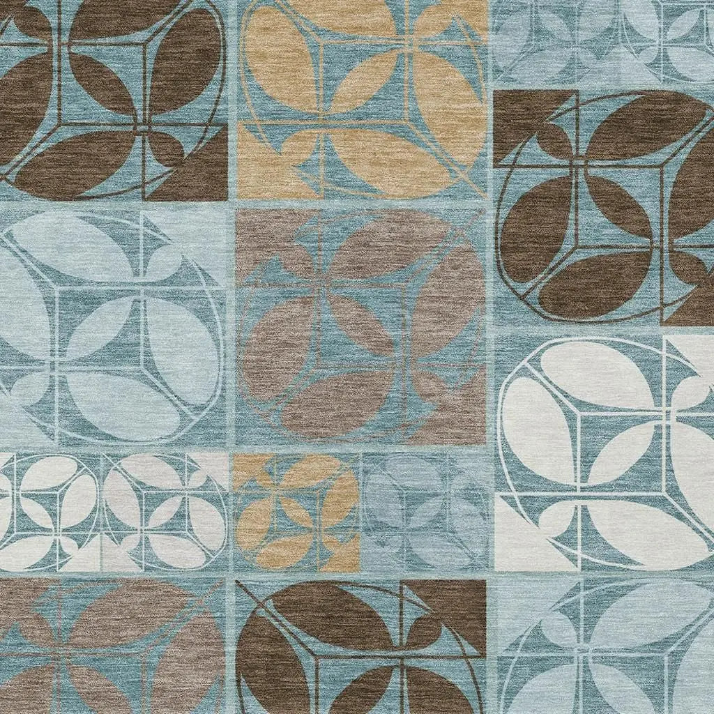 5' X 8' Teal Blue And Silver Geometric Washable Indoor Outdoor Area Rug Homeroots Outdoor