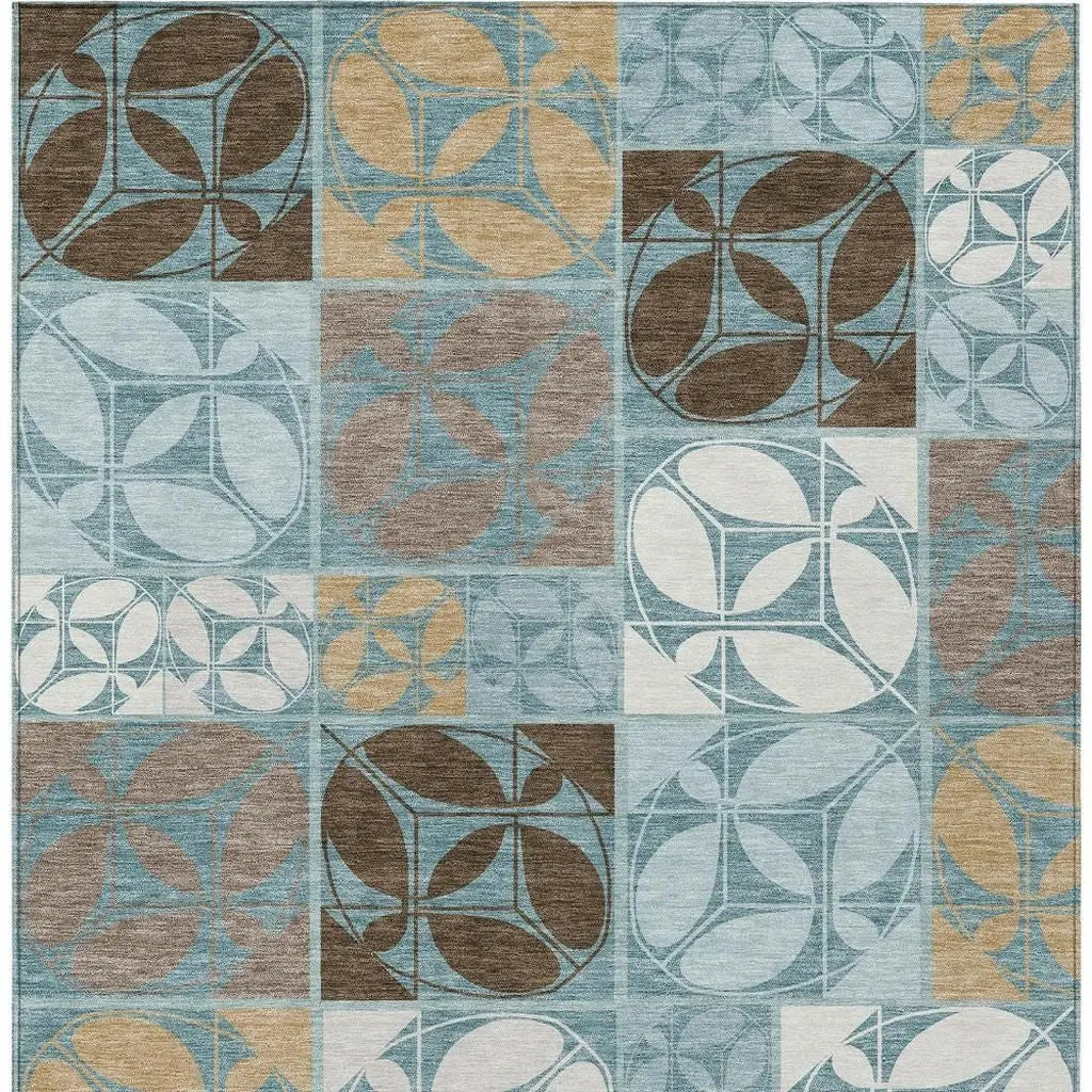 5' X 8' Teal Blue And Silver Geometric Washable Indoor Outdoor Area Rug Homeroots Outdoor