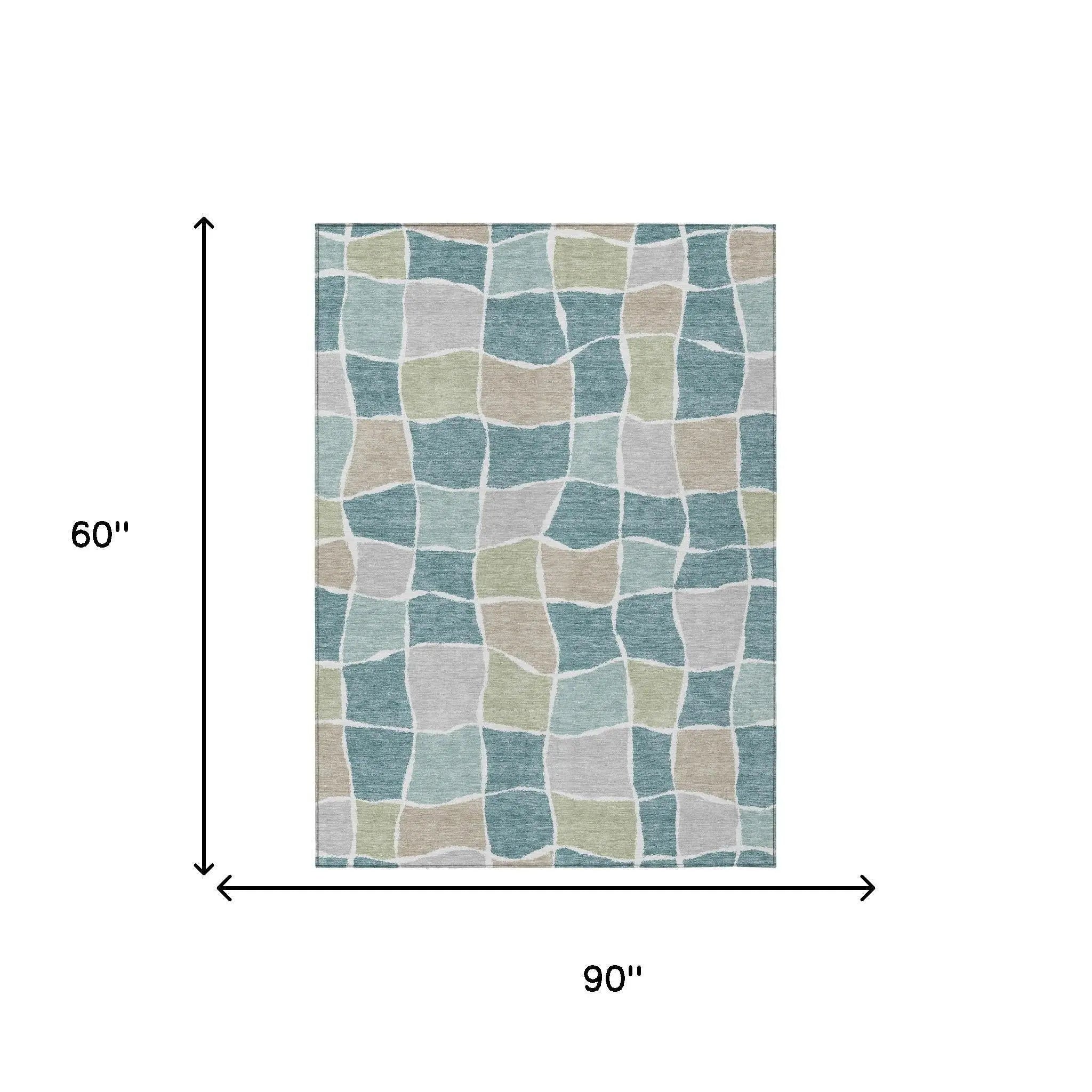 5' X 8' Teal Blue And Silver Geometric Washable Indoor Outdoor Area Rug Homeroots Outdoor