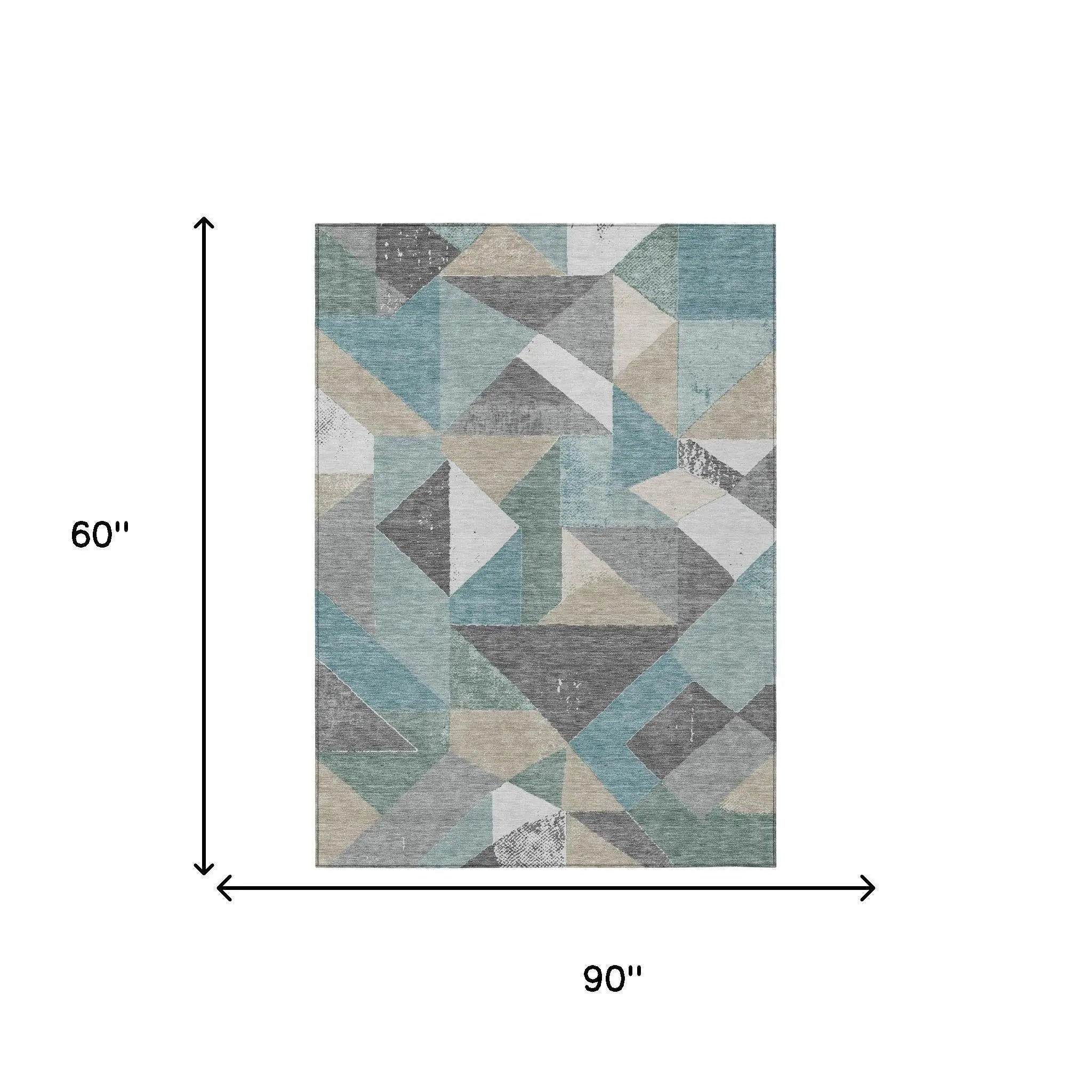 5' X 8' Teal Blue And Silver Geometric Washable Indoor Outdoor Area Rug Homeroots Outdoor
