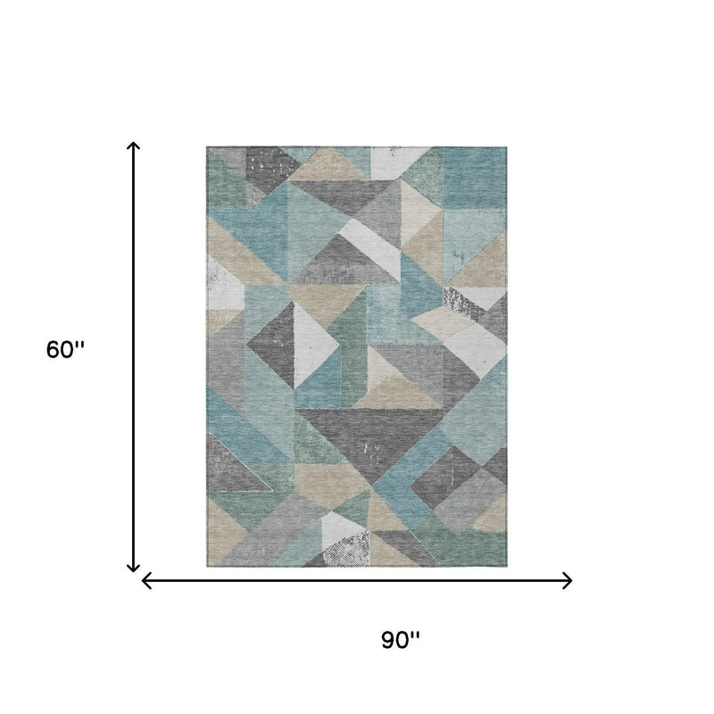 5' X 8' Teal Blue And Silver Geometric Washable Indoor Outdoor Area Rug Homeroots Outdoor