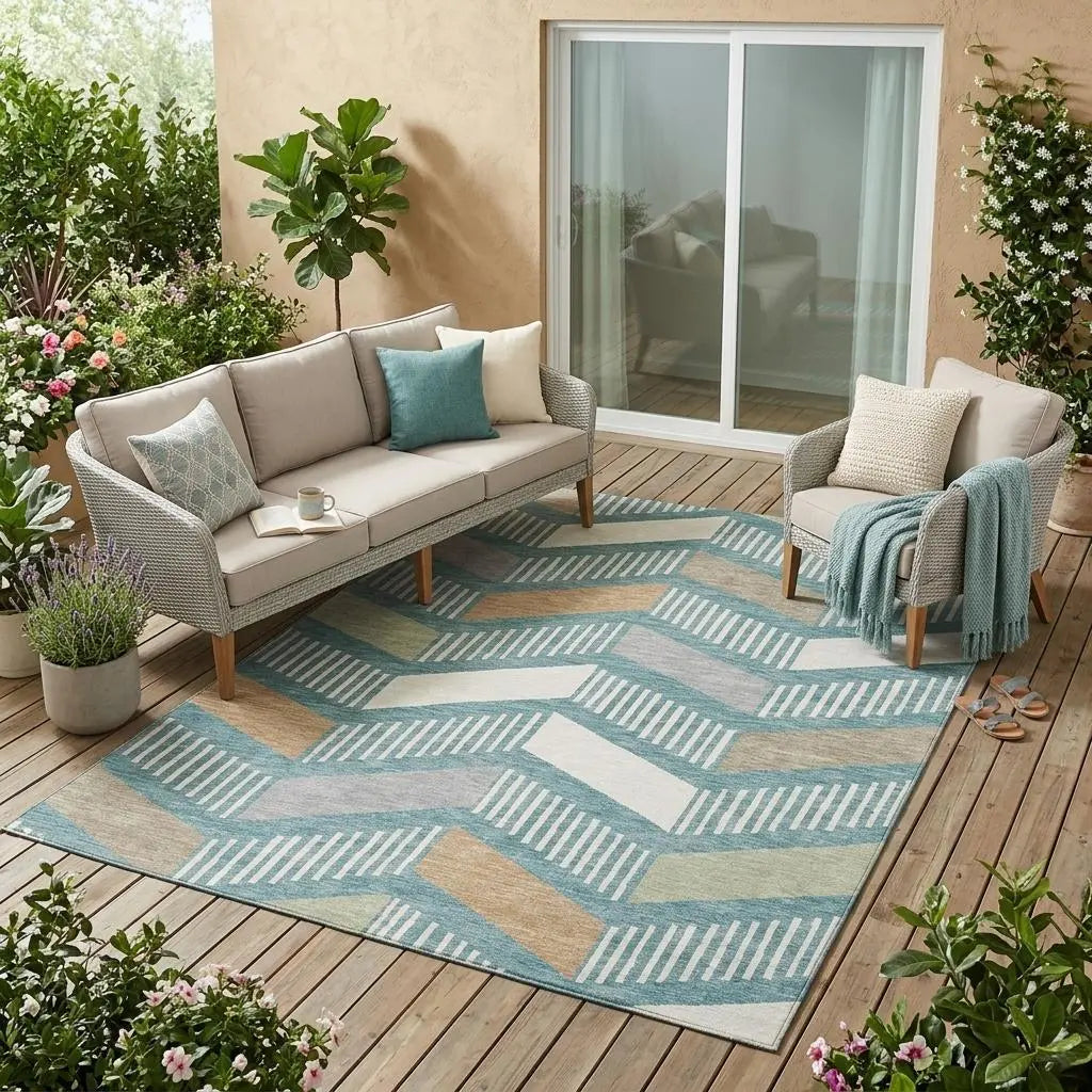 5' X 8' Teal Blue And Silver Geometric Washable Indoor Outdoor Area Rug Homeroots Outdoor