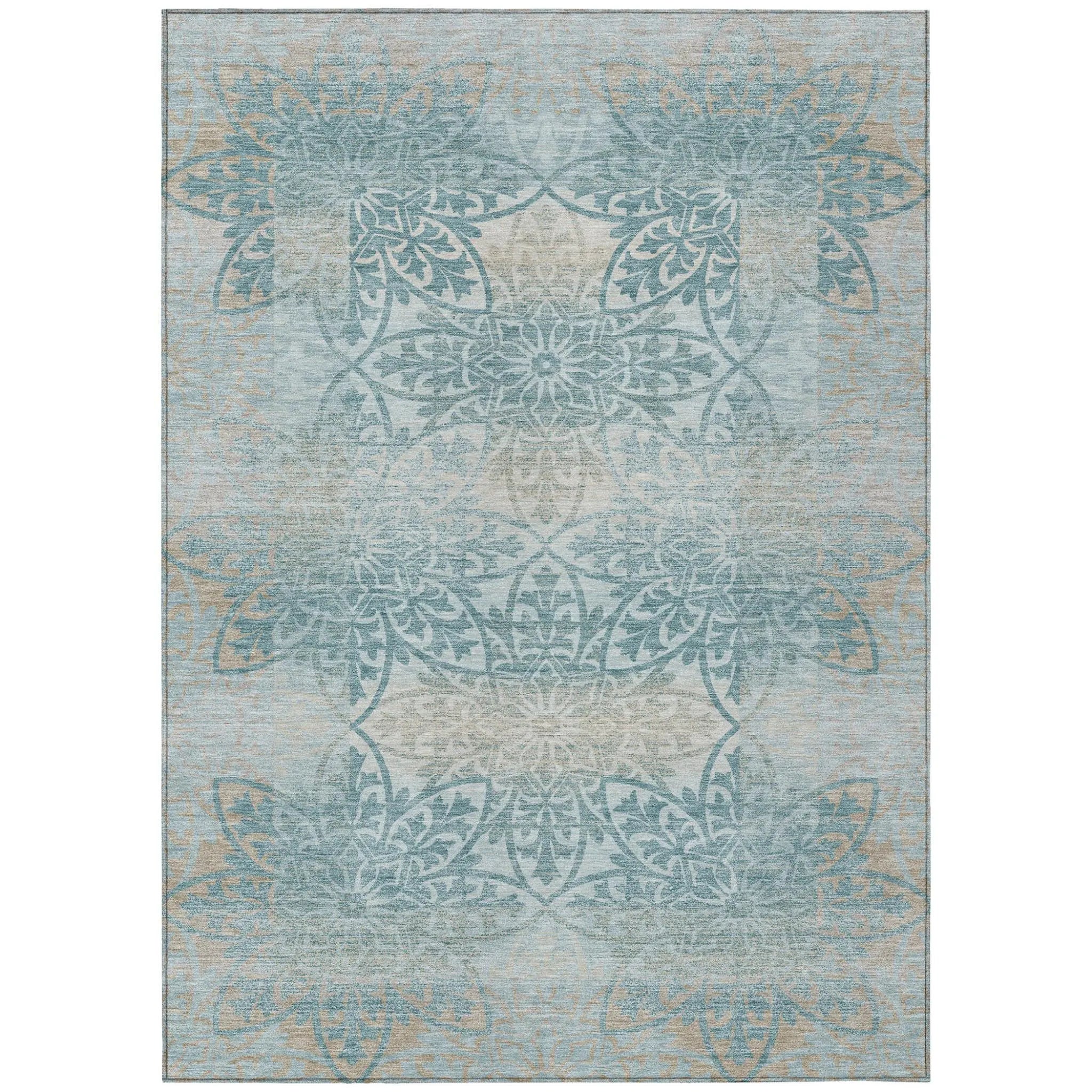 5' X 8' Teal Blue And Silver Oriental Washable Indoor Outdoor Area Rug Homeroots Outdoor