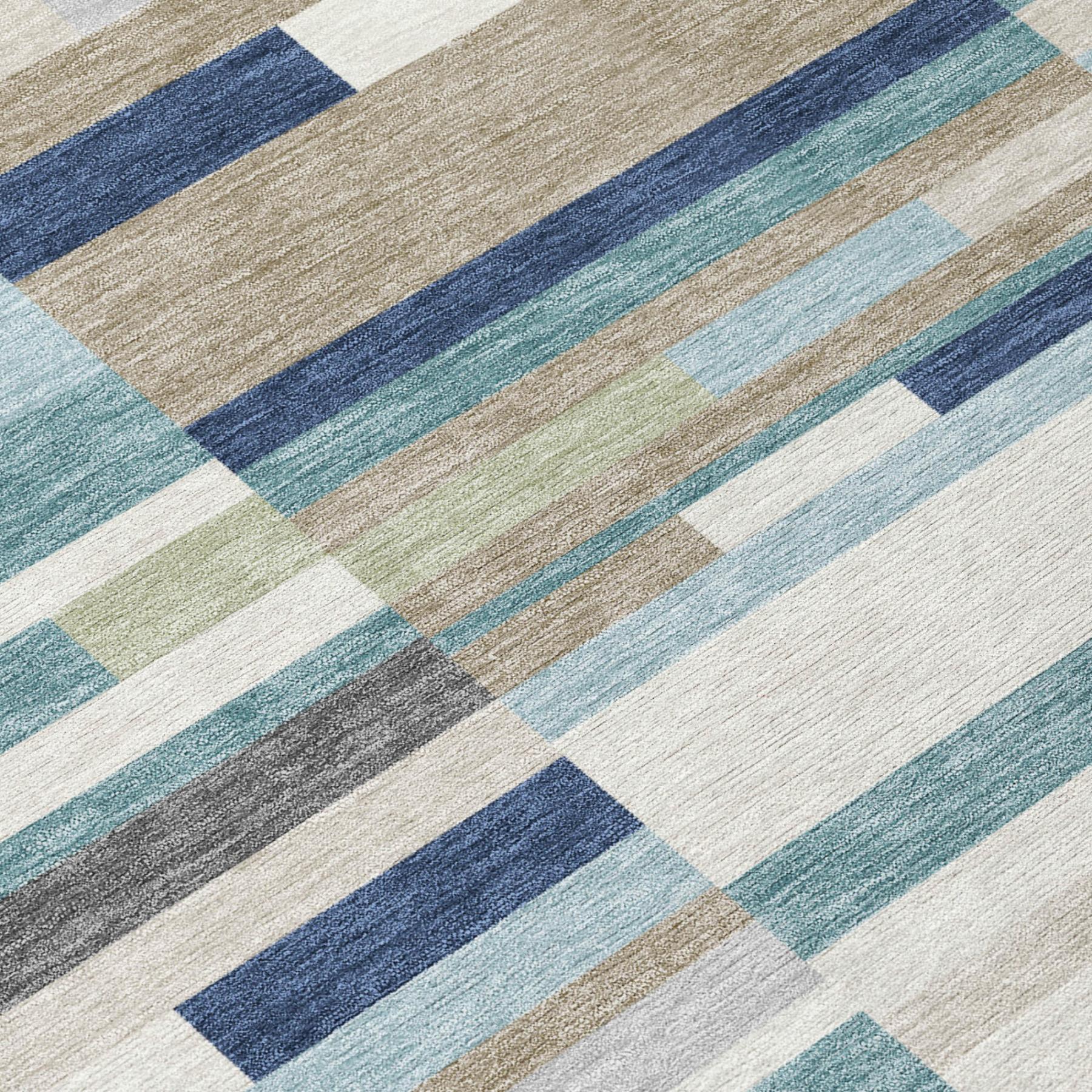 5' X 8' Teal Blue And Silver Striped Washable Indoor Outdoor Area Rug Homeroots Outdoor
