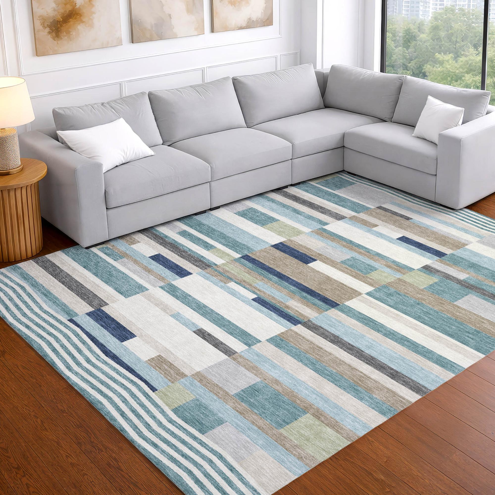 5' X 8' Teal Blue And Silver Striped Washable Indoor Outdoor Area Rug Homeroots Outdoor