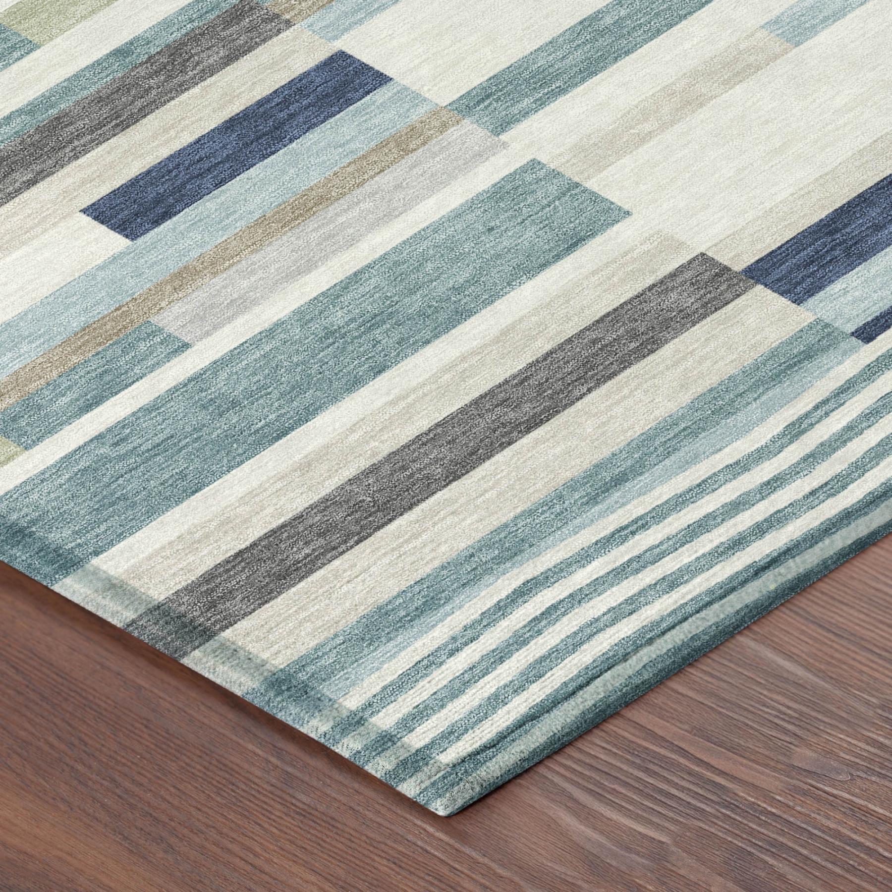 5' X 8' Teal Blue And Silver Striped Washable Indoor Outdoor Area Rug Homeroots Outdoor