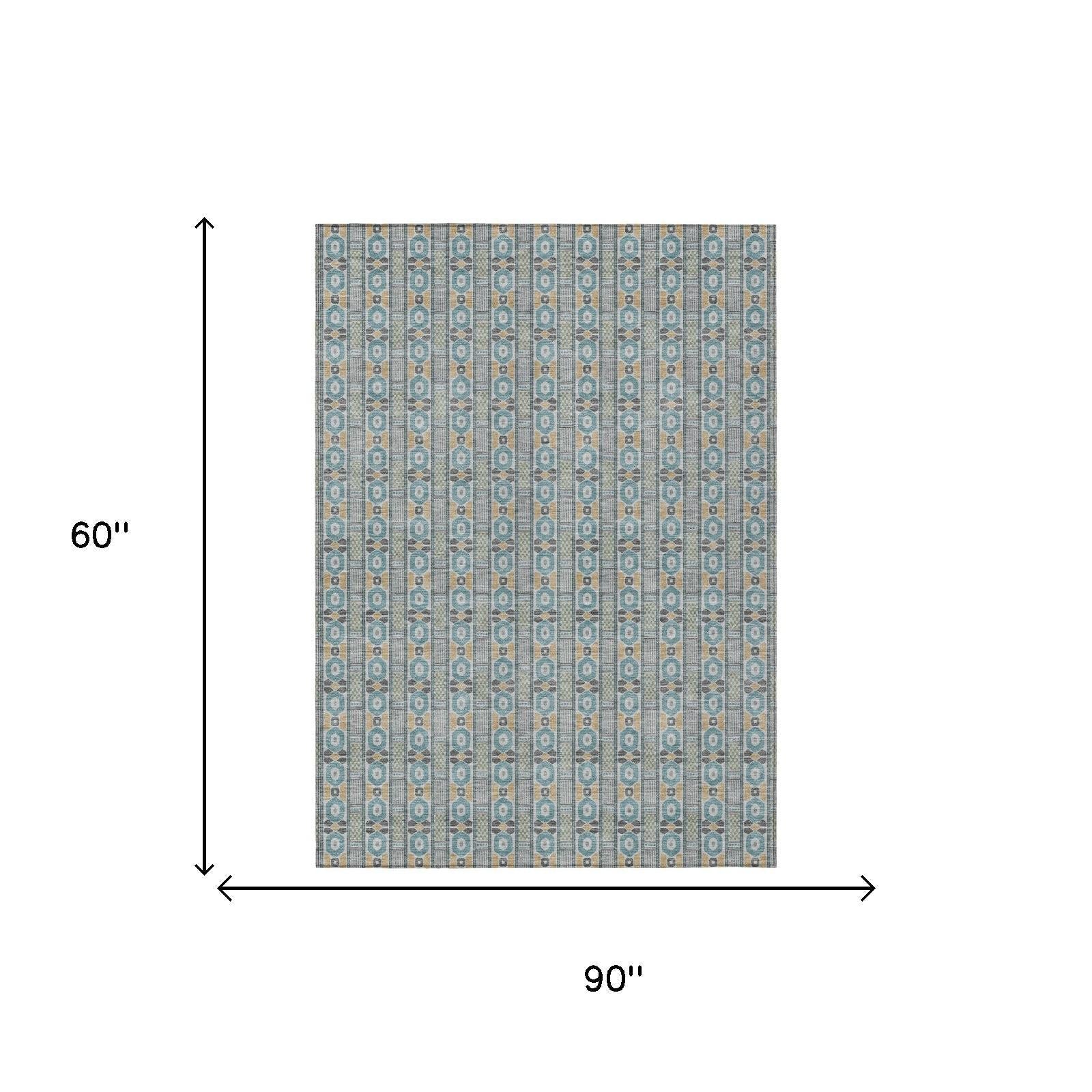 5' X 8' Teal Blue And Silver Striped Washable Indoor Outdoor Area Rug Homeroots Outdoor