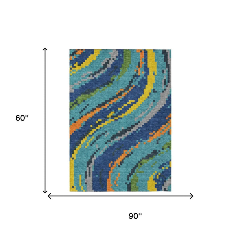 5' X 8' Teal Blue And Turquoise Abstract Washable Indoor Outdoor Area Rug Homeroots Outdoor