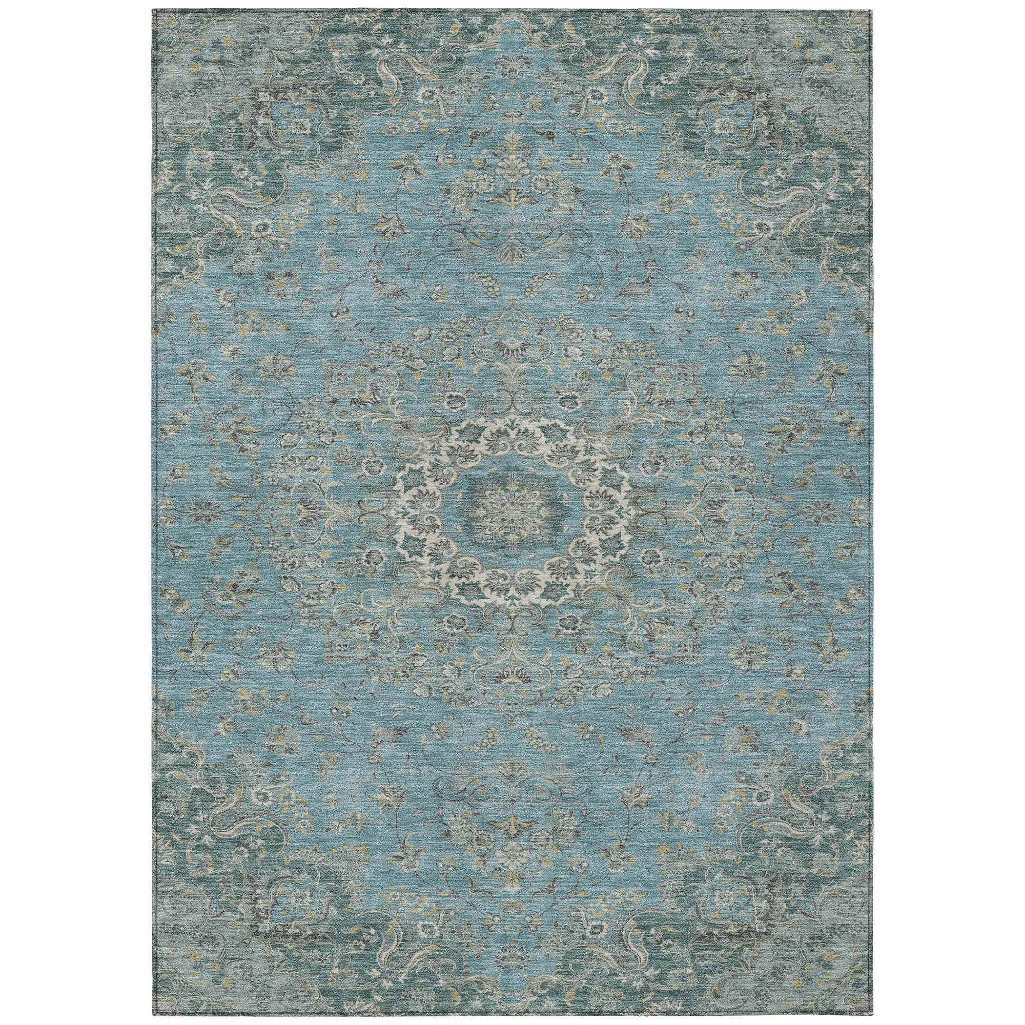 5' X 8' Teal Blue And Turquoise Floral Medallion Washable Indoor Outdoor Area Rug Homeroots Outdoor