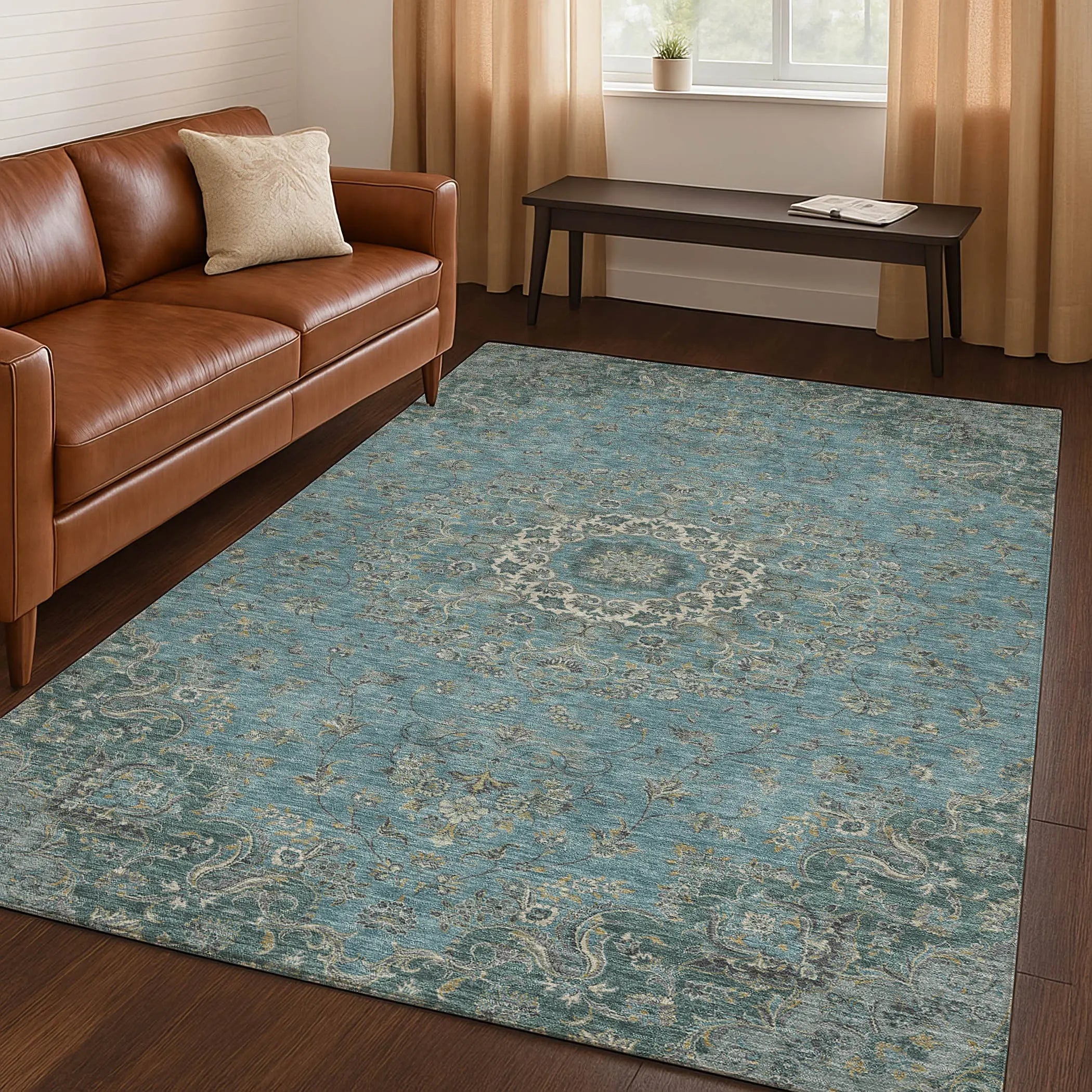 5' X 8' Teal Blue And Turquoise Floral Medallion Washable Indoor Outdoor Area Rug Homeroots Outdoor